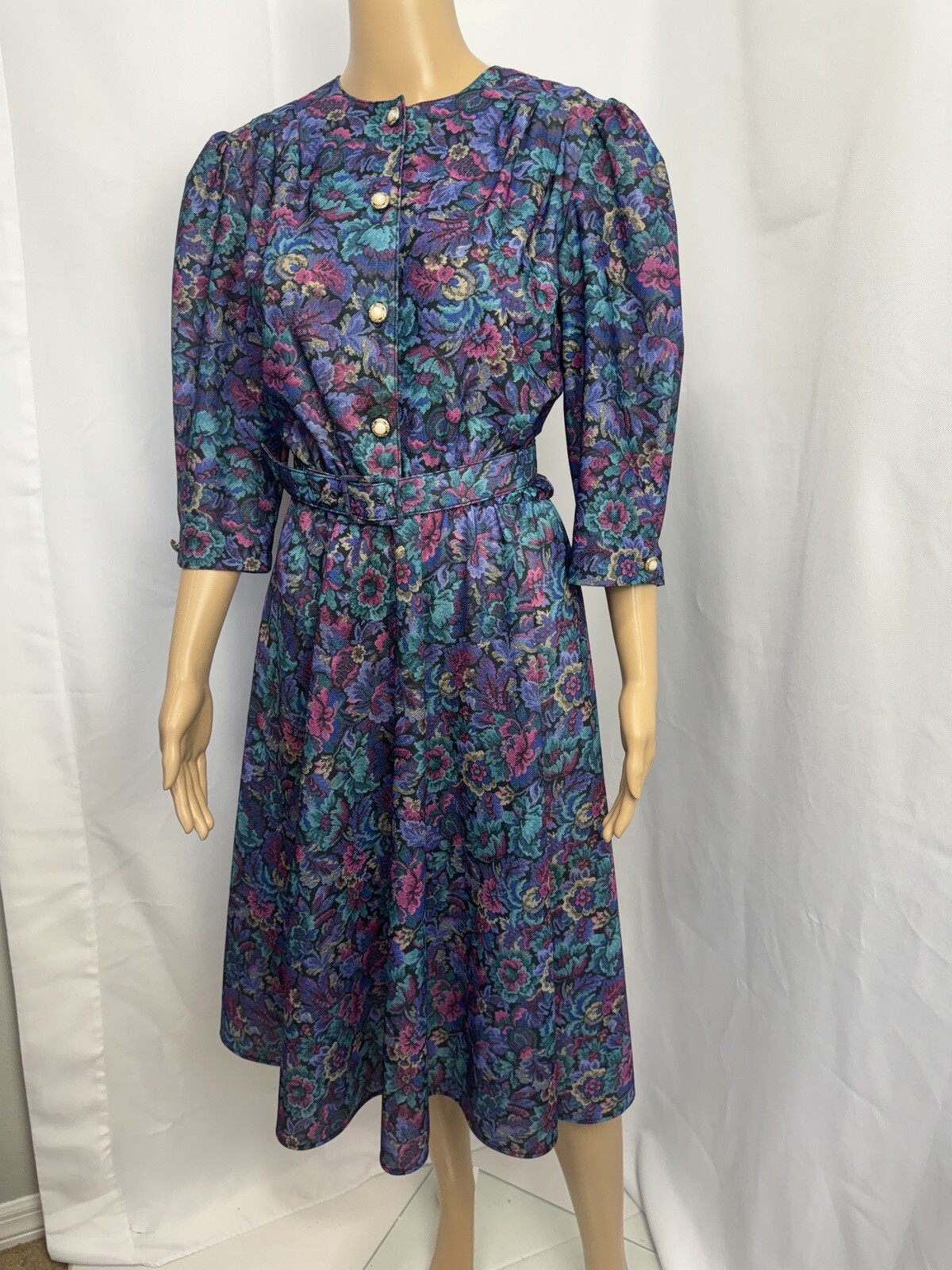 VTG 80s California Looks Floral Jacquard Belted Midi Dress Sz 10 Made USA Purple
