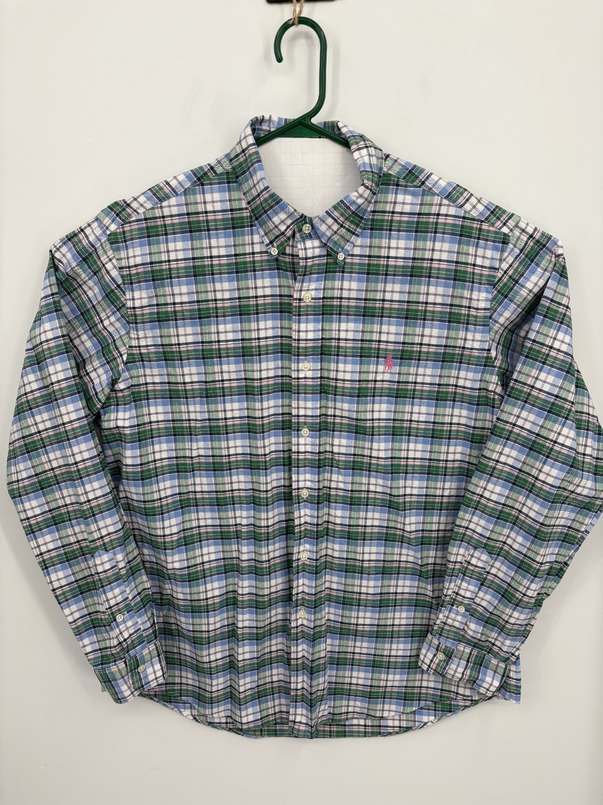 Ralph Lauren VTG Men’s Custom Fit Blue Pink Plaid L/S Button Down Shirt, XL