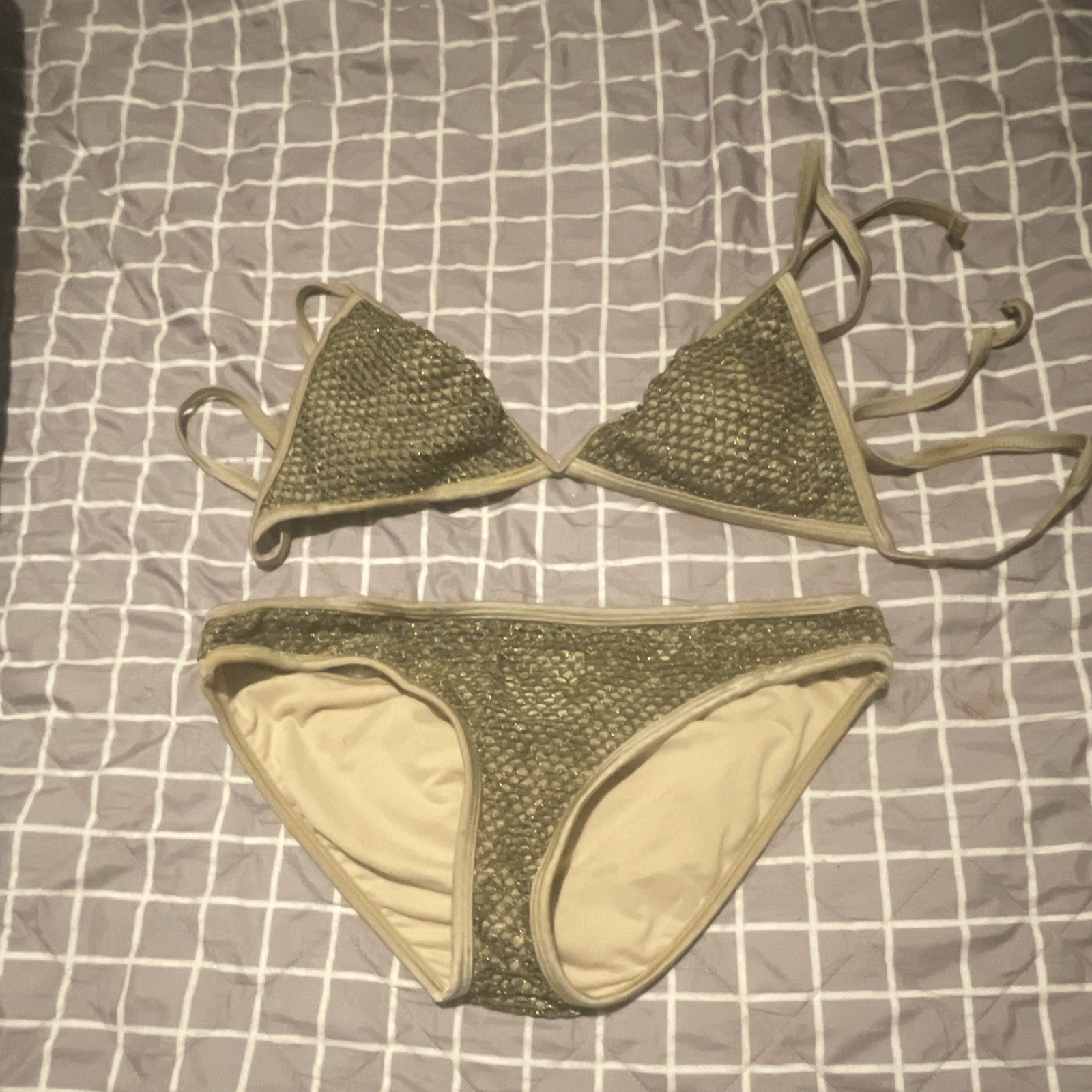 Bongo Solid 2-Piece Triangle Halter Lined Bikini Set Beige/Gold Size L/G #52