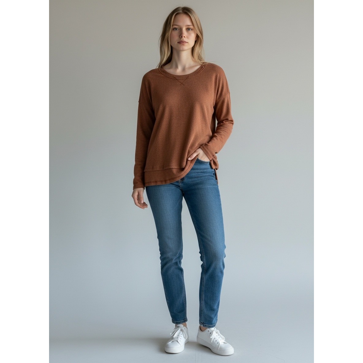 Pact Organic Cotton Long Sleeve High Low Top Cedar Brown Heather Womens Medium