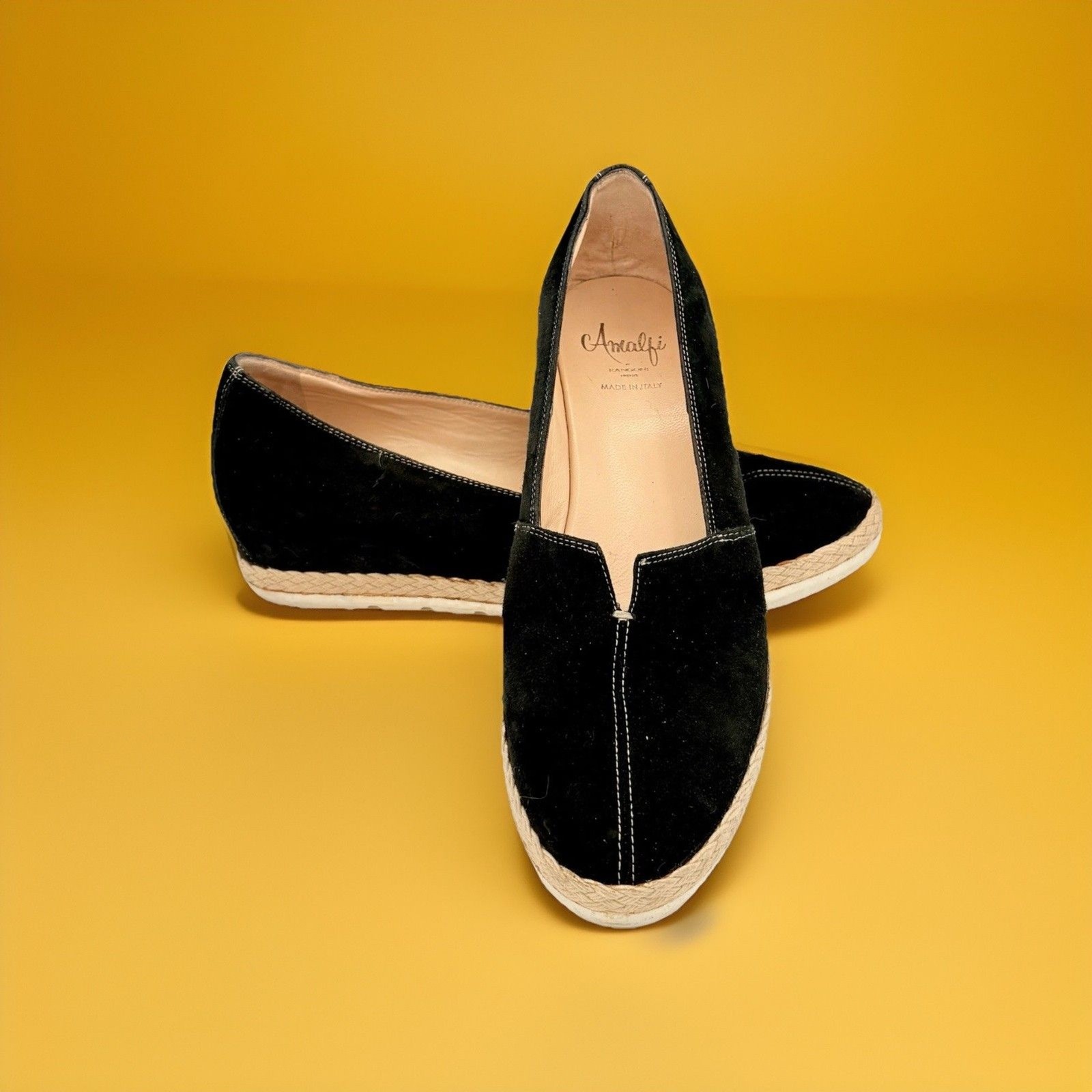Amalfi by Rangoni Black Suede Low Wedge Espadrille Italy Leather Lining 8M