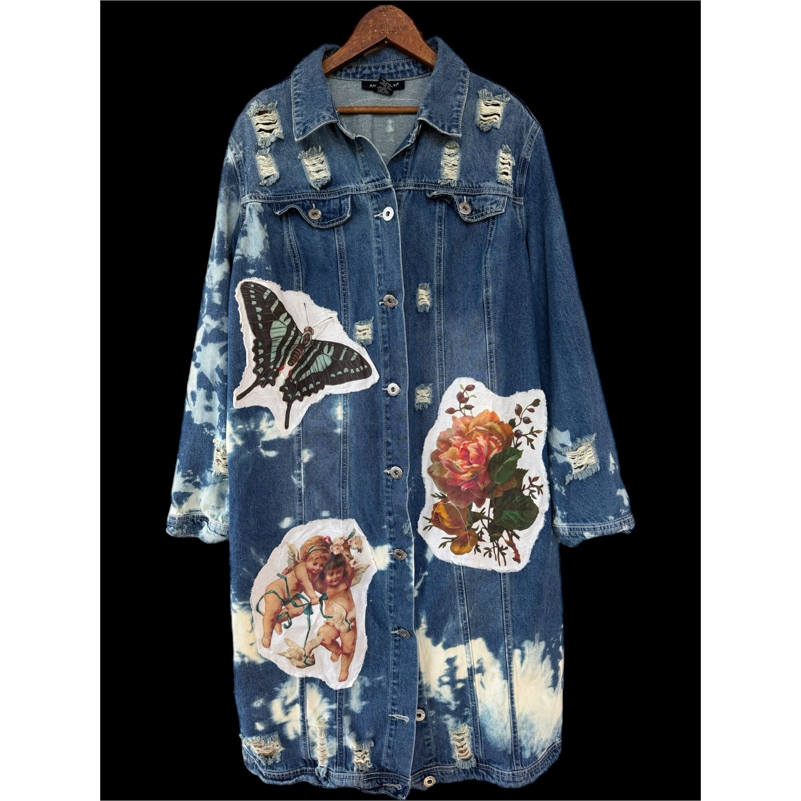 Upcycled Denim Coat Cherub Rose Patch Long Jacket Boho Folk Art XL/XXL