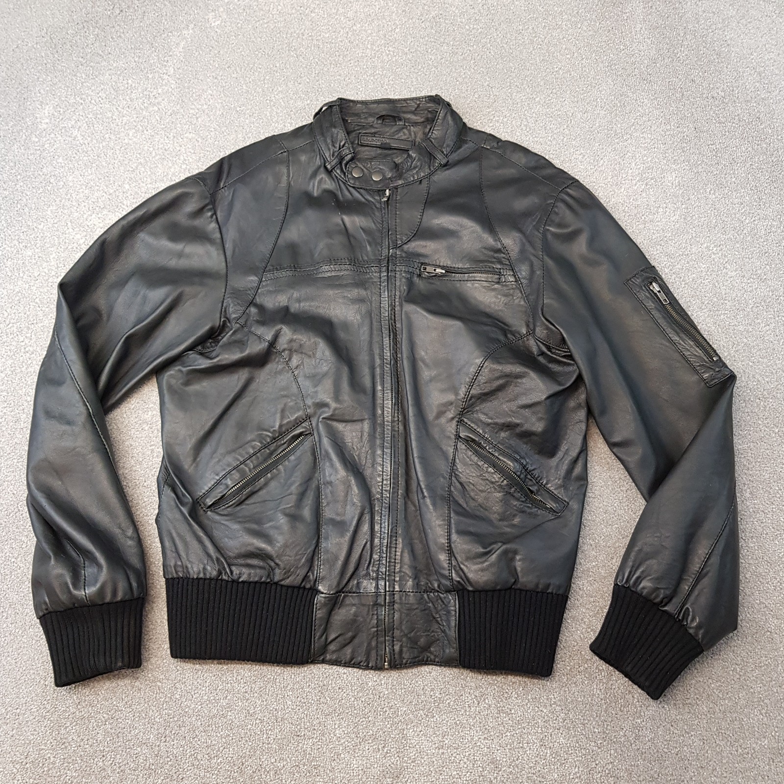 Selected Homme Mens Jacket Large Black Leather Bomber Biker Cafe Racer Moto