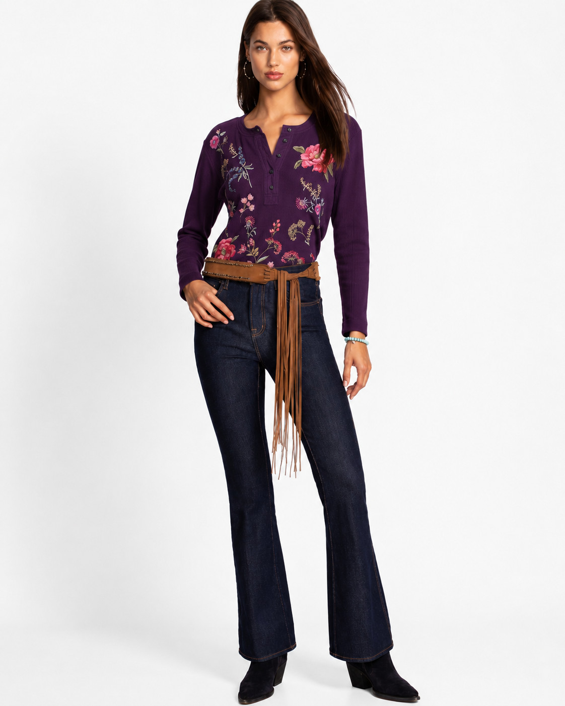 NEW JOHNNY WAS Henley Embroidered Top, Purple, Size XL
