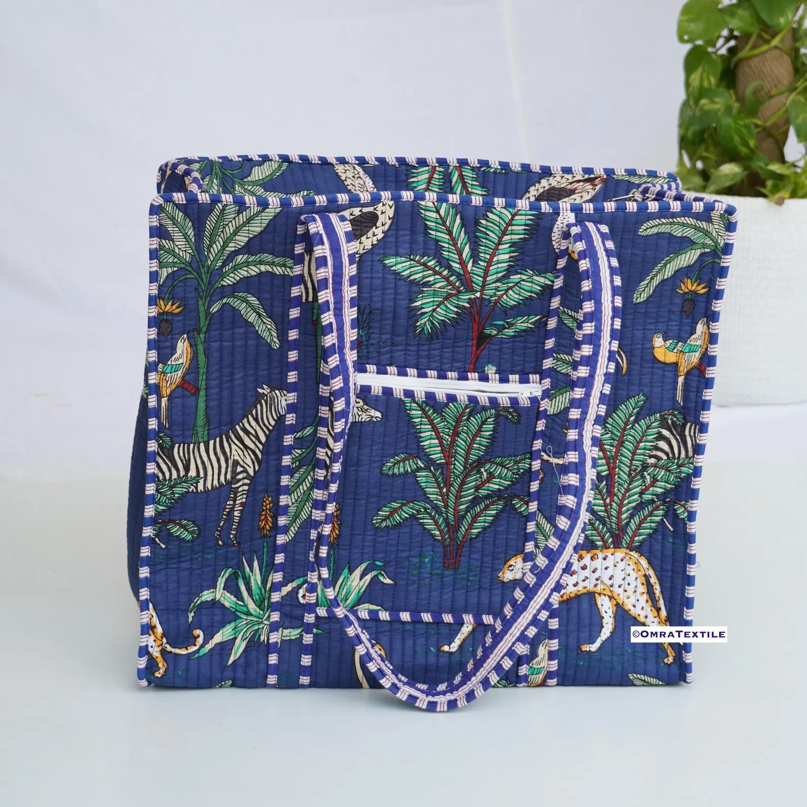 Handmade Cotton Tote Bag Navy Blue Jungle Animal Print Boho Shoulder Shopper