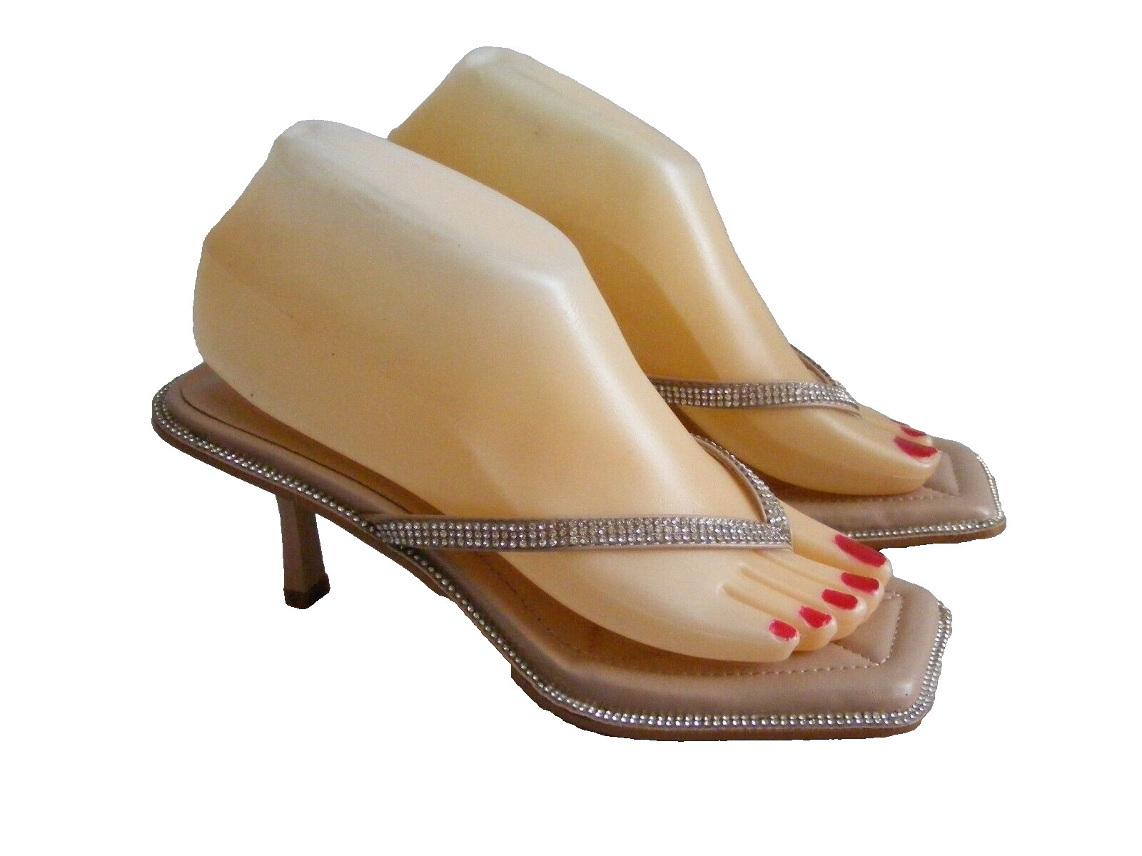 No Brand Beige Size 39 M Thong Heels Slides Sandals Mules Rhinestone Shoes