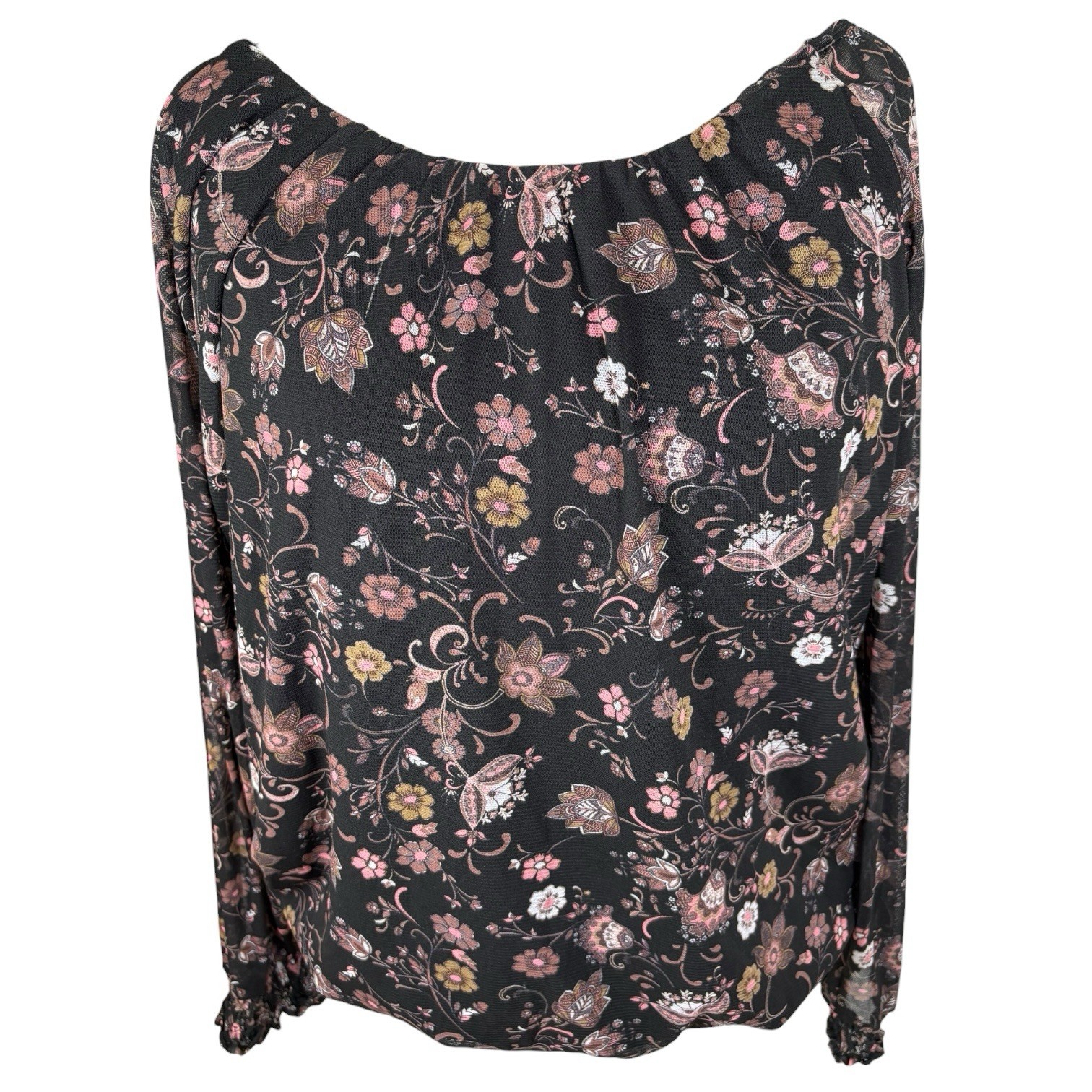 Joe Browns Sheer Floral Blouse Top Size 24 Black Long Sleeve Elastic Hem