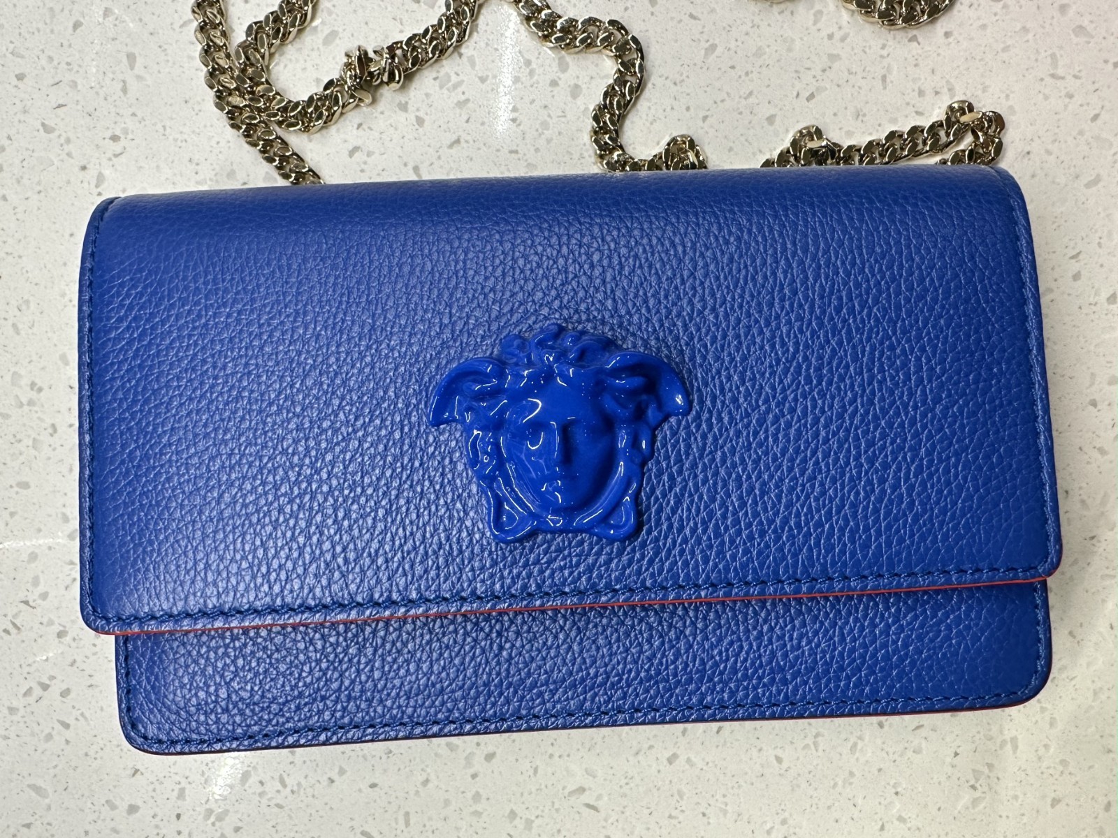 Versace Medusa Blue Crossbody Bag Gold Chain Strap Magnetic Closure Pockets