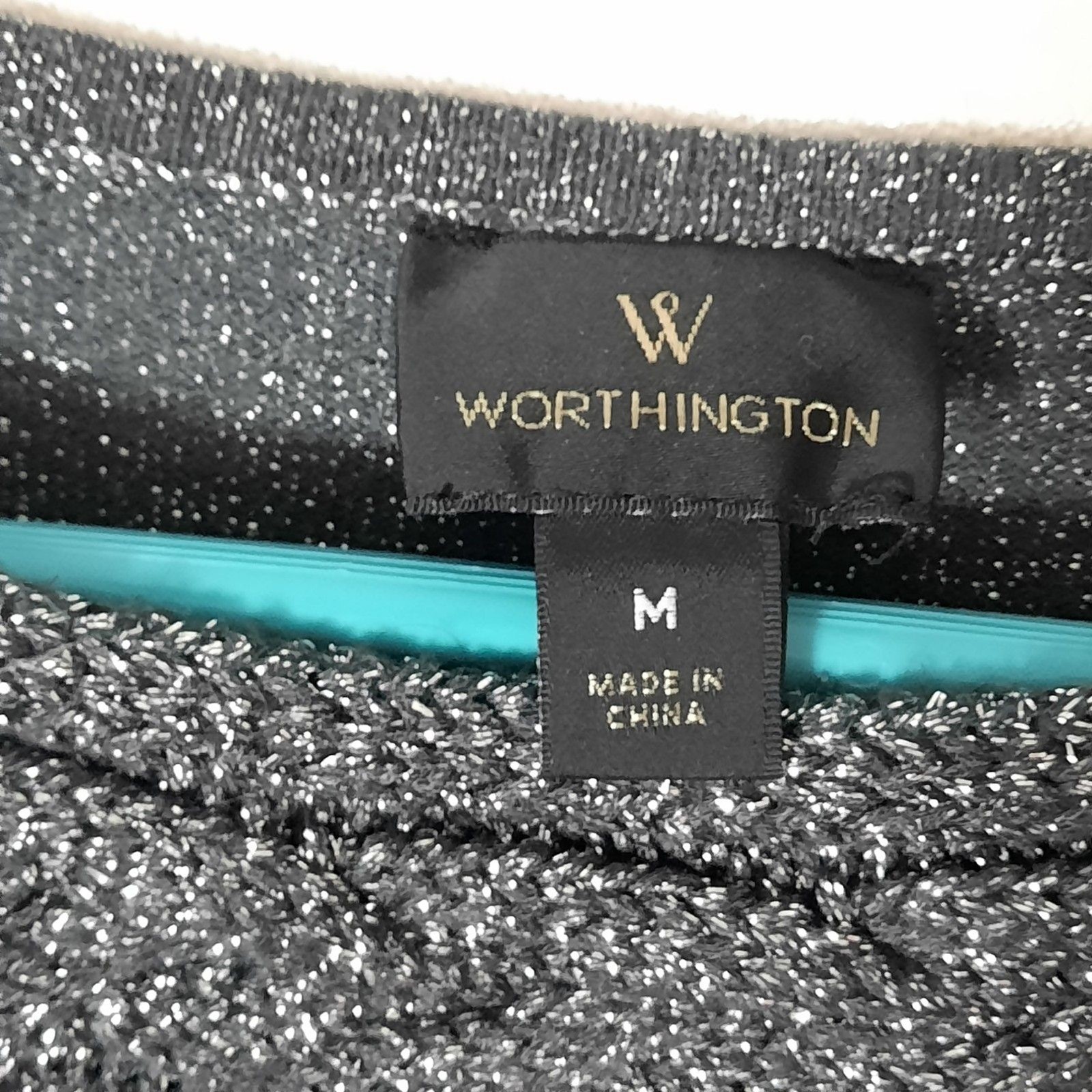 Worthington Metallic Lurex Black Silver Sparkle Knit Top Cable Yoke Detail, MED