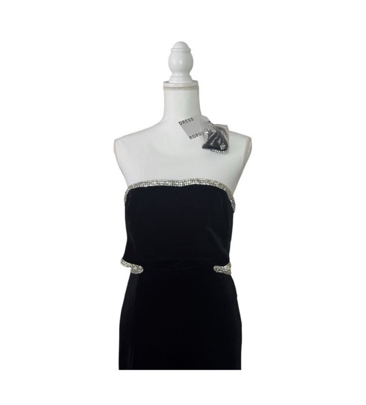 Dress The Population Black Strapless Cut Out Rhinestone Maxi Dress M.