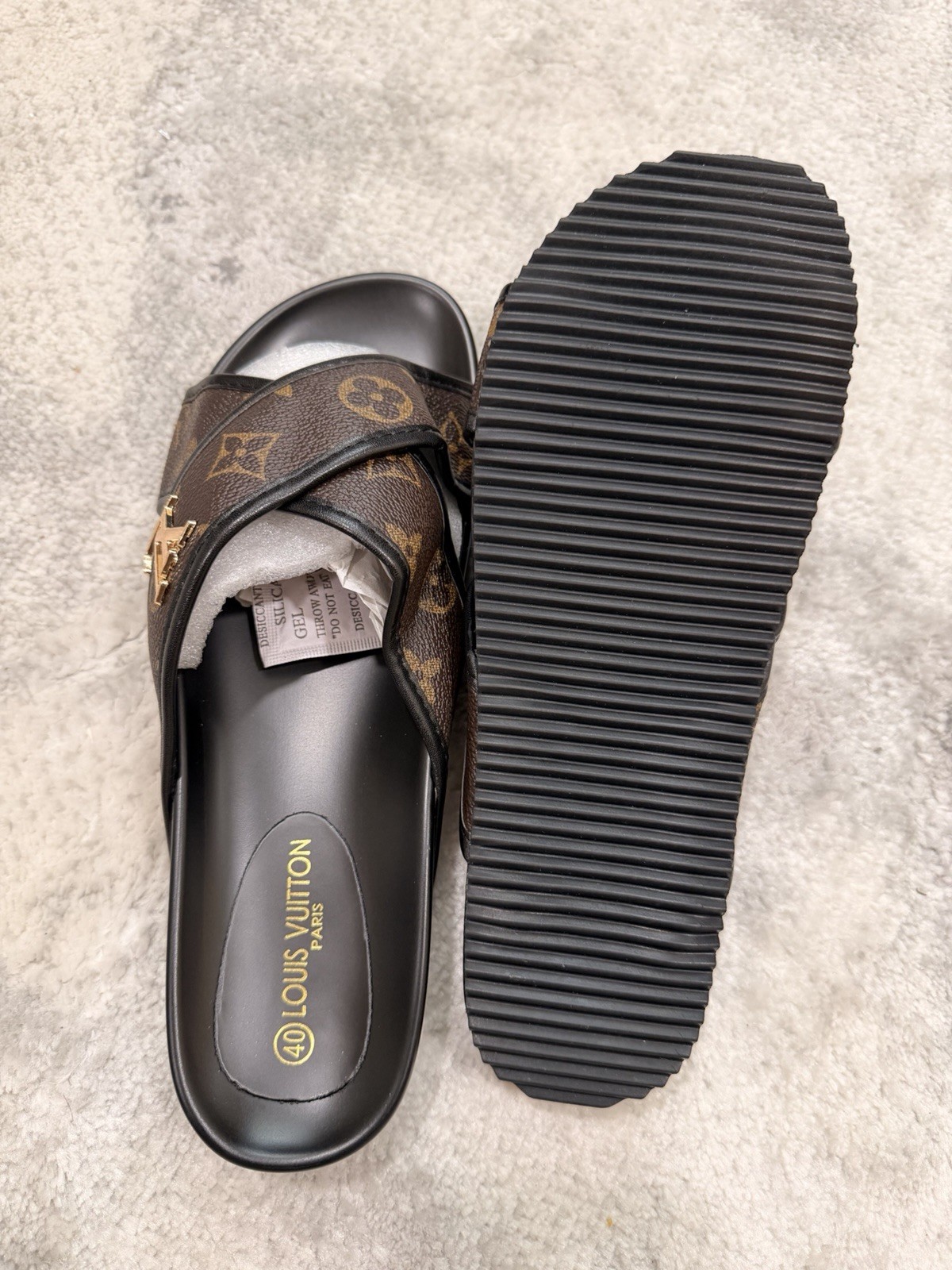 Louis Vuitton Women’s Monogram Logo Slide Sandals Brown/Black Gold EU 40
