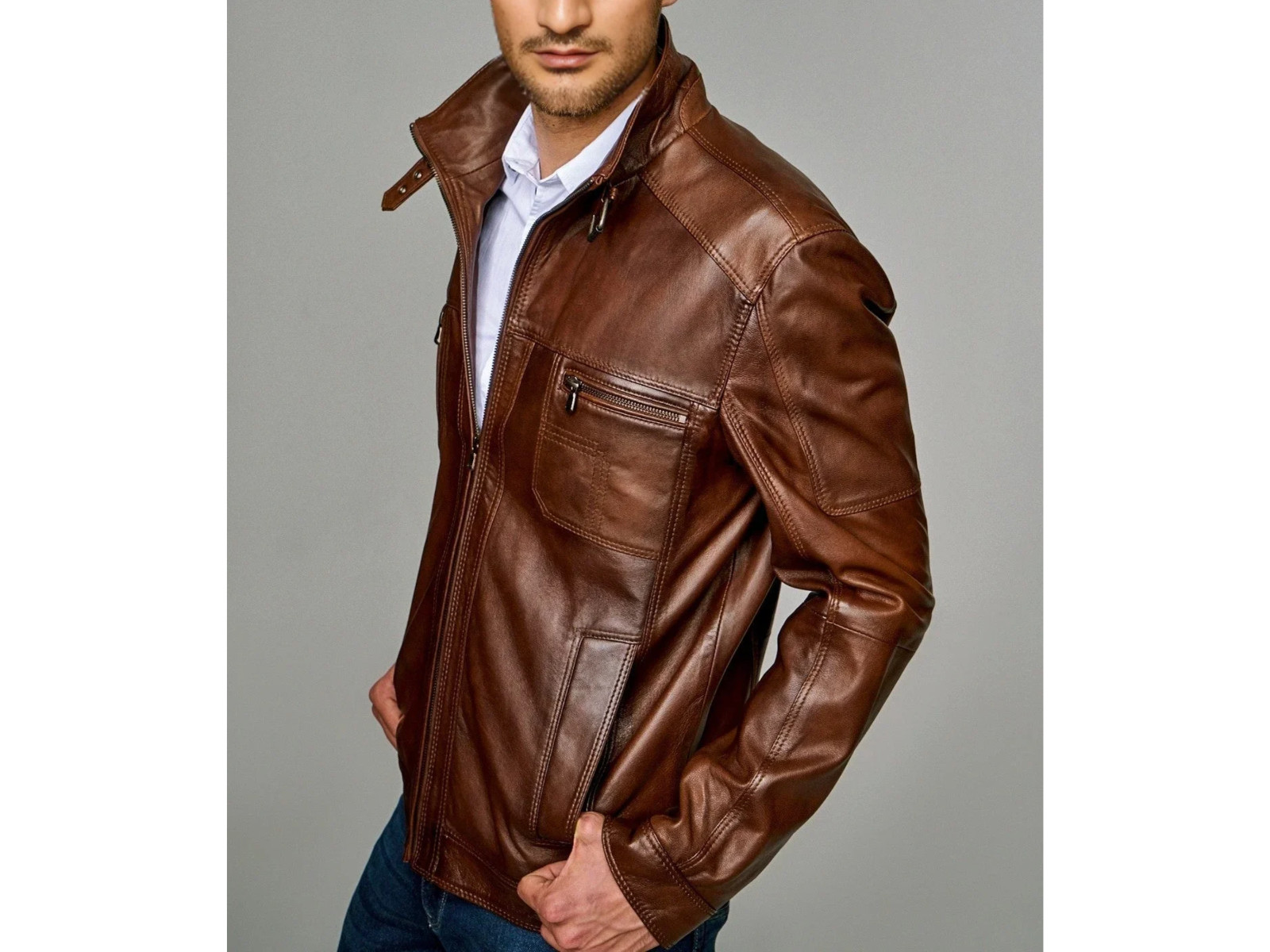 Men’s Brown Sheepskin Leather Jacket Genuine Zip Casual Biker Motorcycle Coat