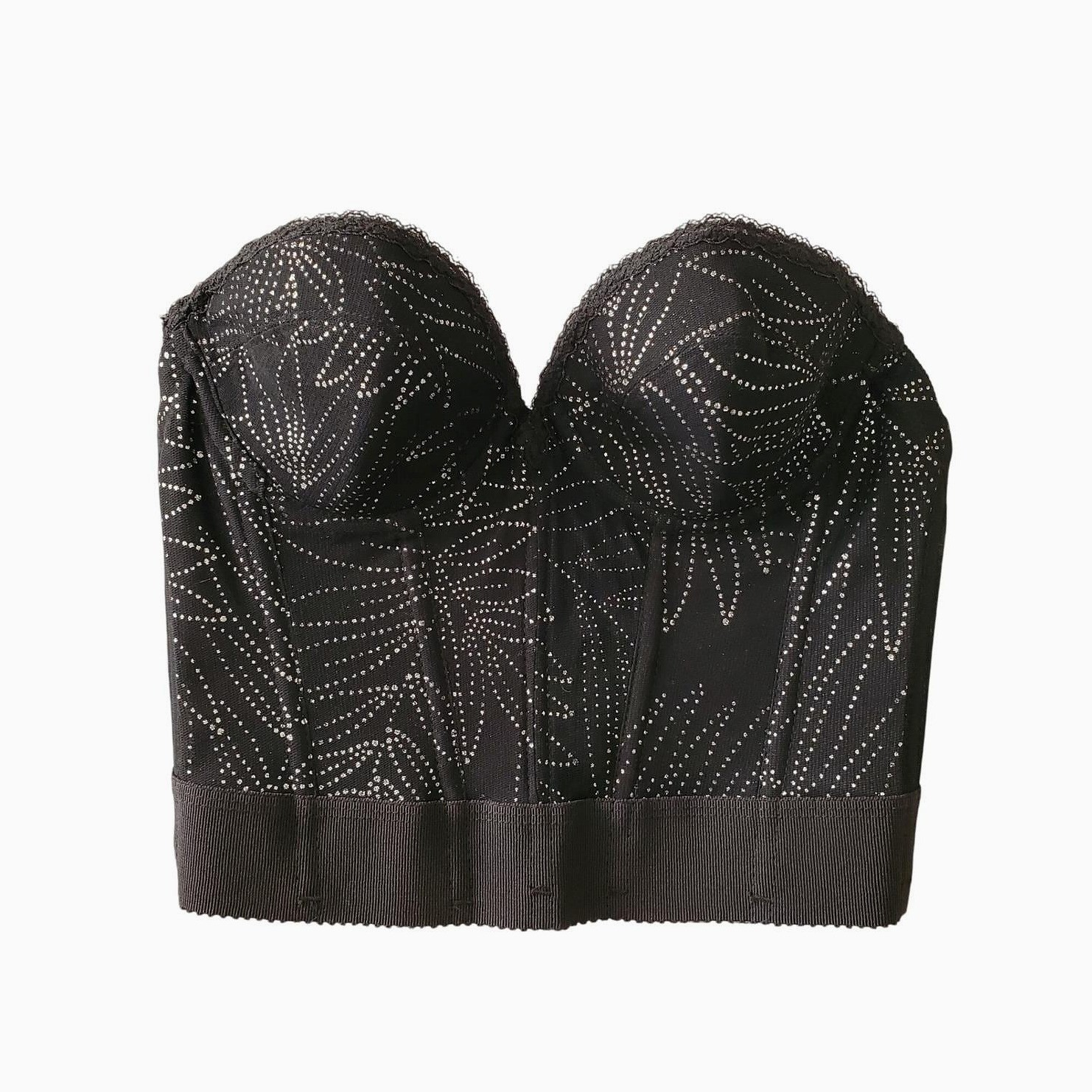 Vintage 90s Black Silver Lace Corset Strapless Floral Bustier Mesh Lingerie 34B