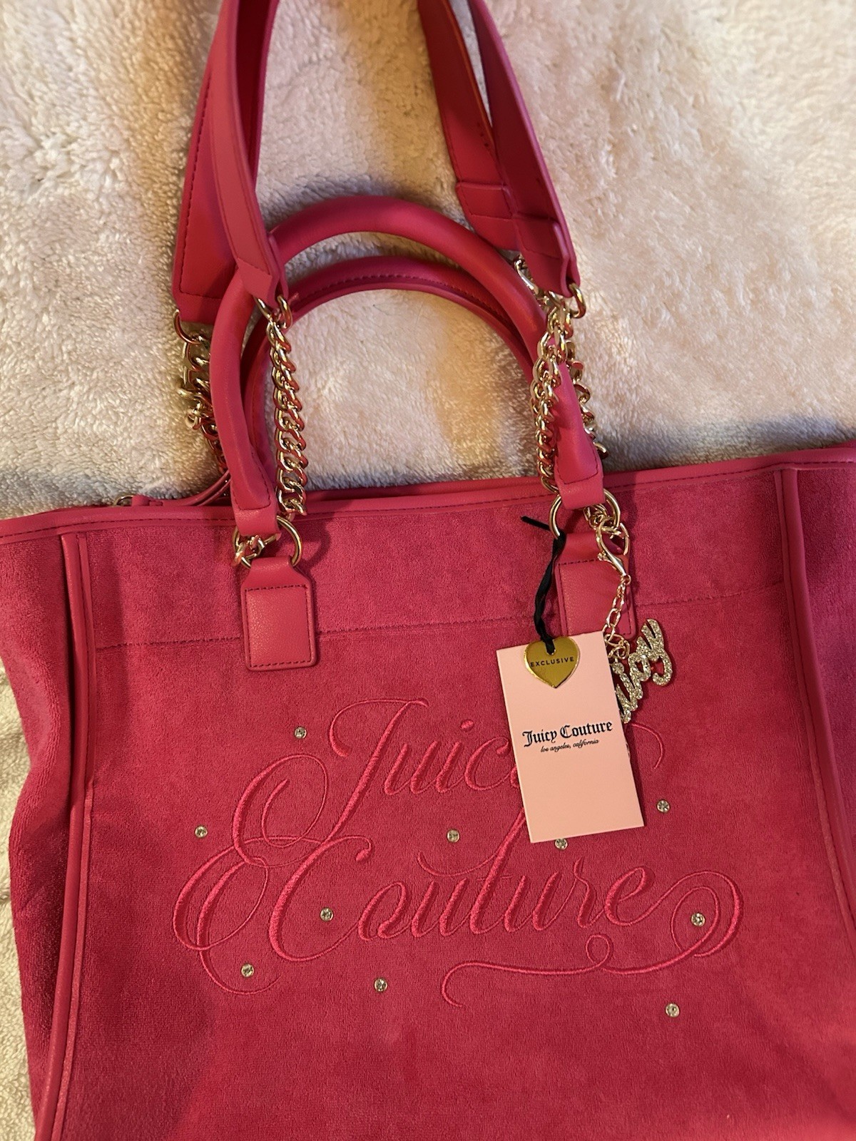 Juicy Couture Large Pink Logo Tote Zip Top Gold Chain Straps Rhinestone Charm