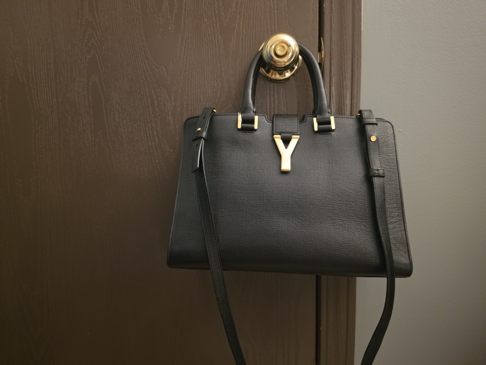 Saint Laurent Cabas Y Black Satchel Top Handle Detachable Strap Gold HW