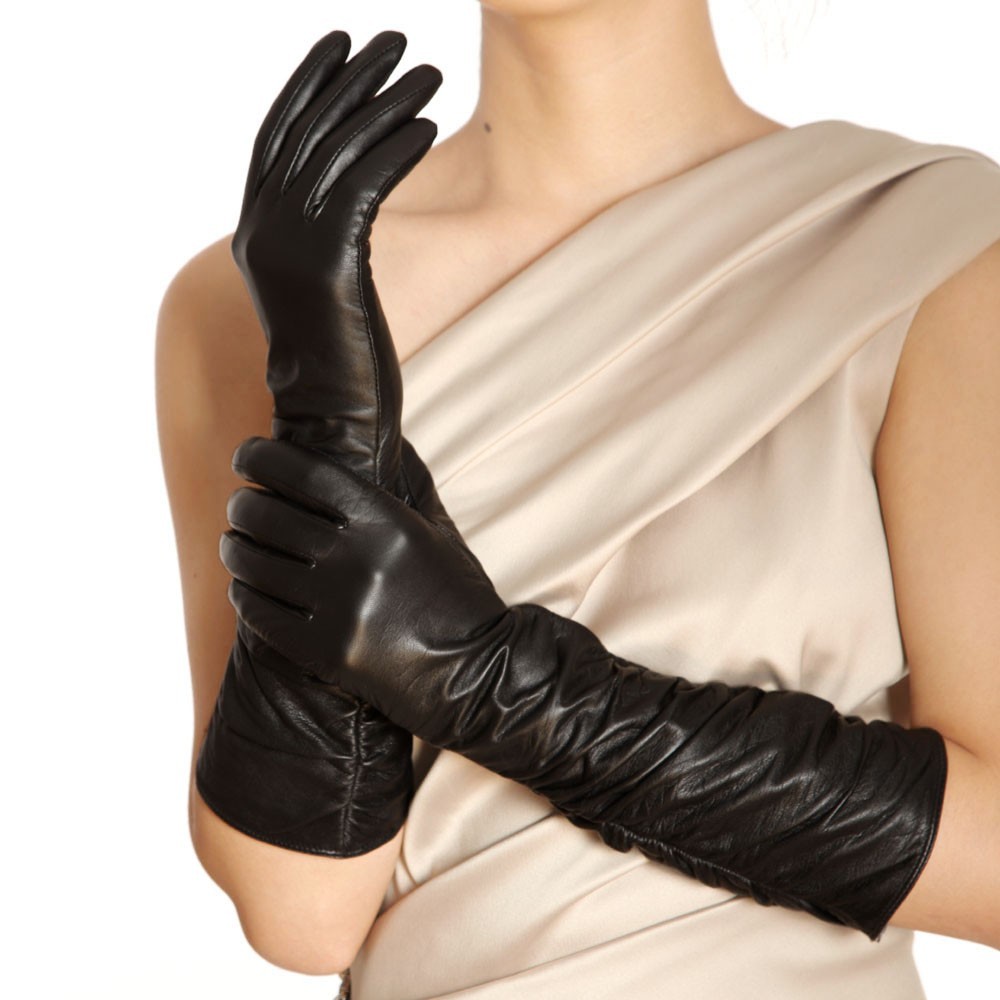 Womens Genuine Nappa Leather Ruched Elbow Long Lined Gloves On Sale #012