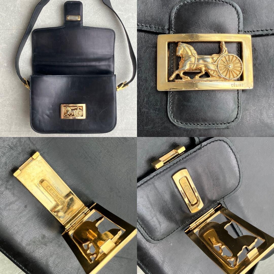 CELINE Horse Carriage Crossbody Shoulder Bag Black Leather Gold Hardware Vintage