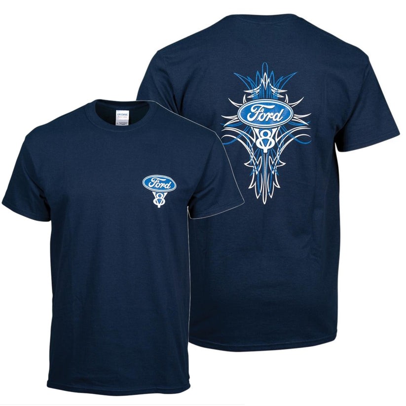 T-shirt with Ford pinstripe design and Ford V8 Muscle Car Graphic Unisex T-Shirt