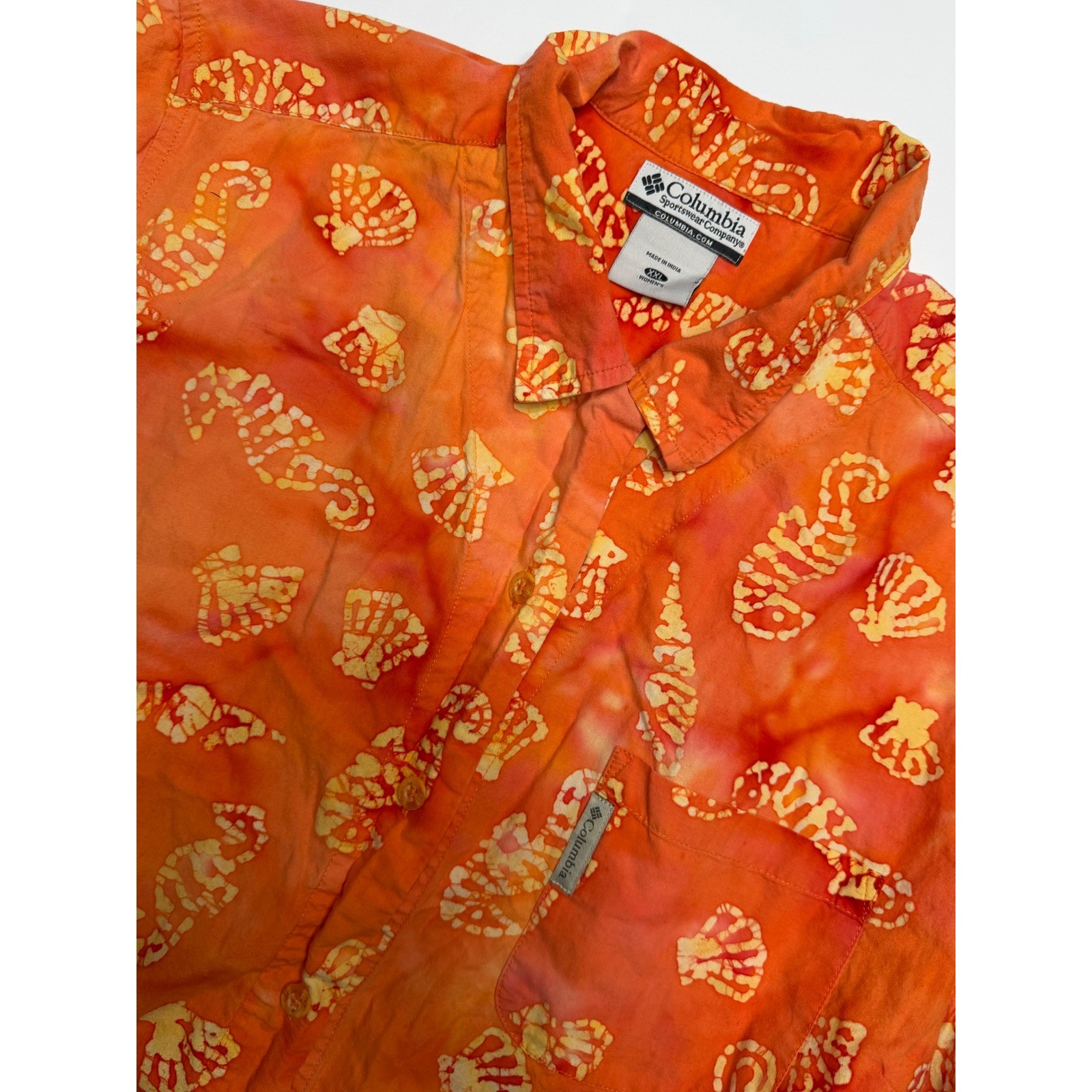 Columbia Womens XXL Orange Sea Shell Seahorse Batik Cotton Button Down Shirt