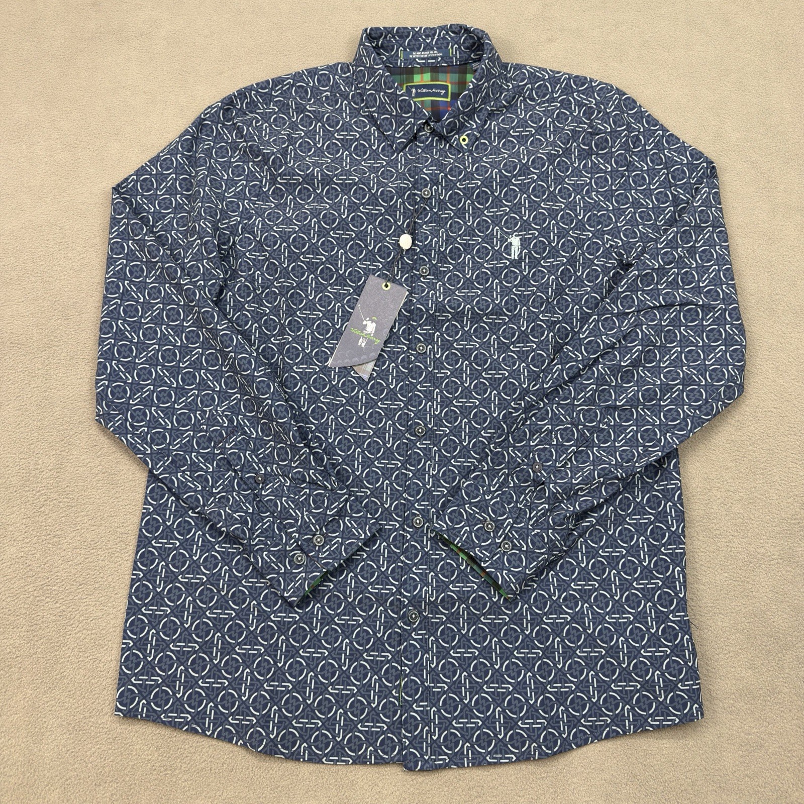 William Murray Golf Long Sleeve Mens Small Blue Geometric Flip Cuff Stretch NWT