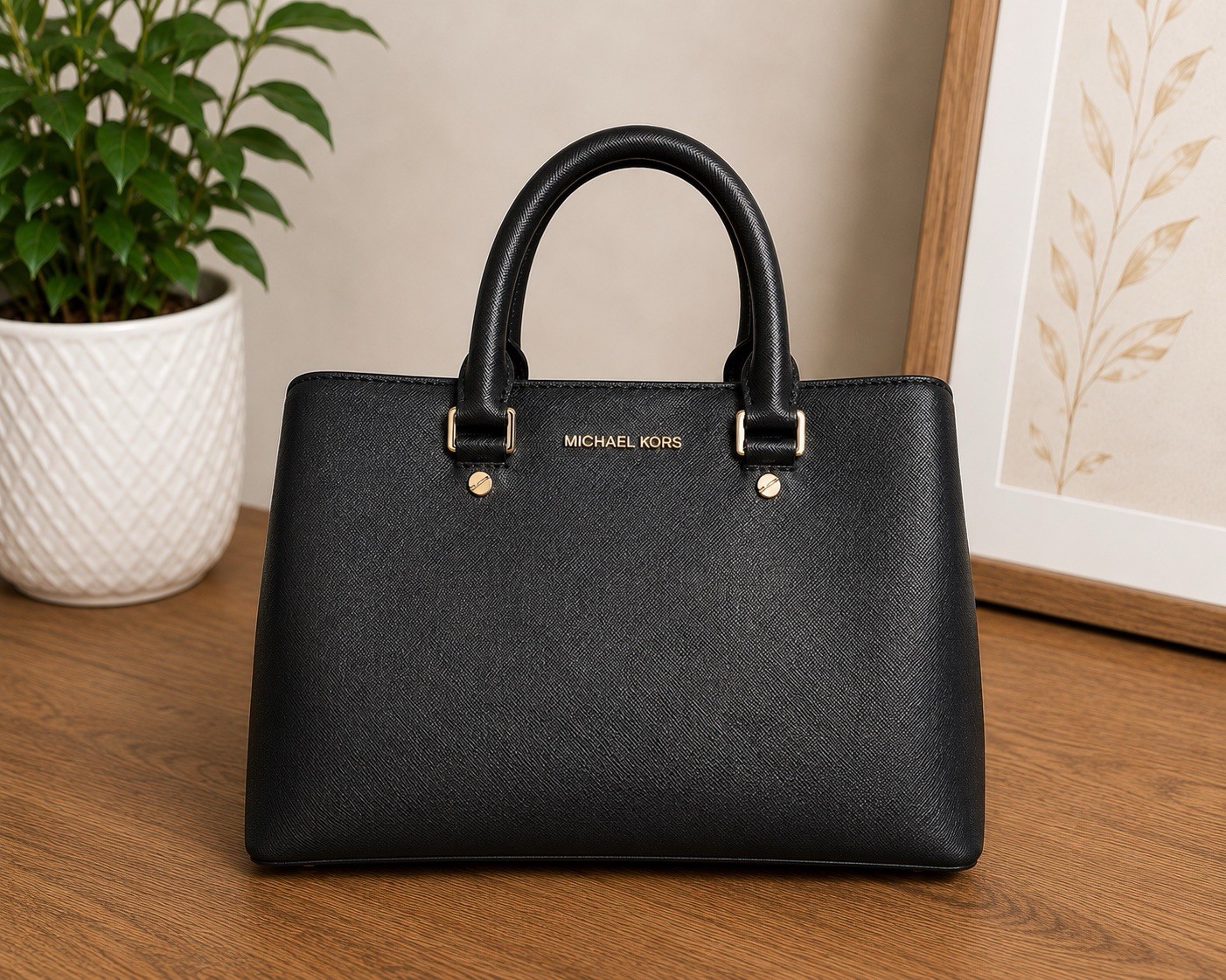 Michael Kors Savannah Large Satchel Black Saffiano Leather Gold Crossbody Strap