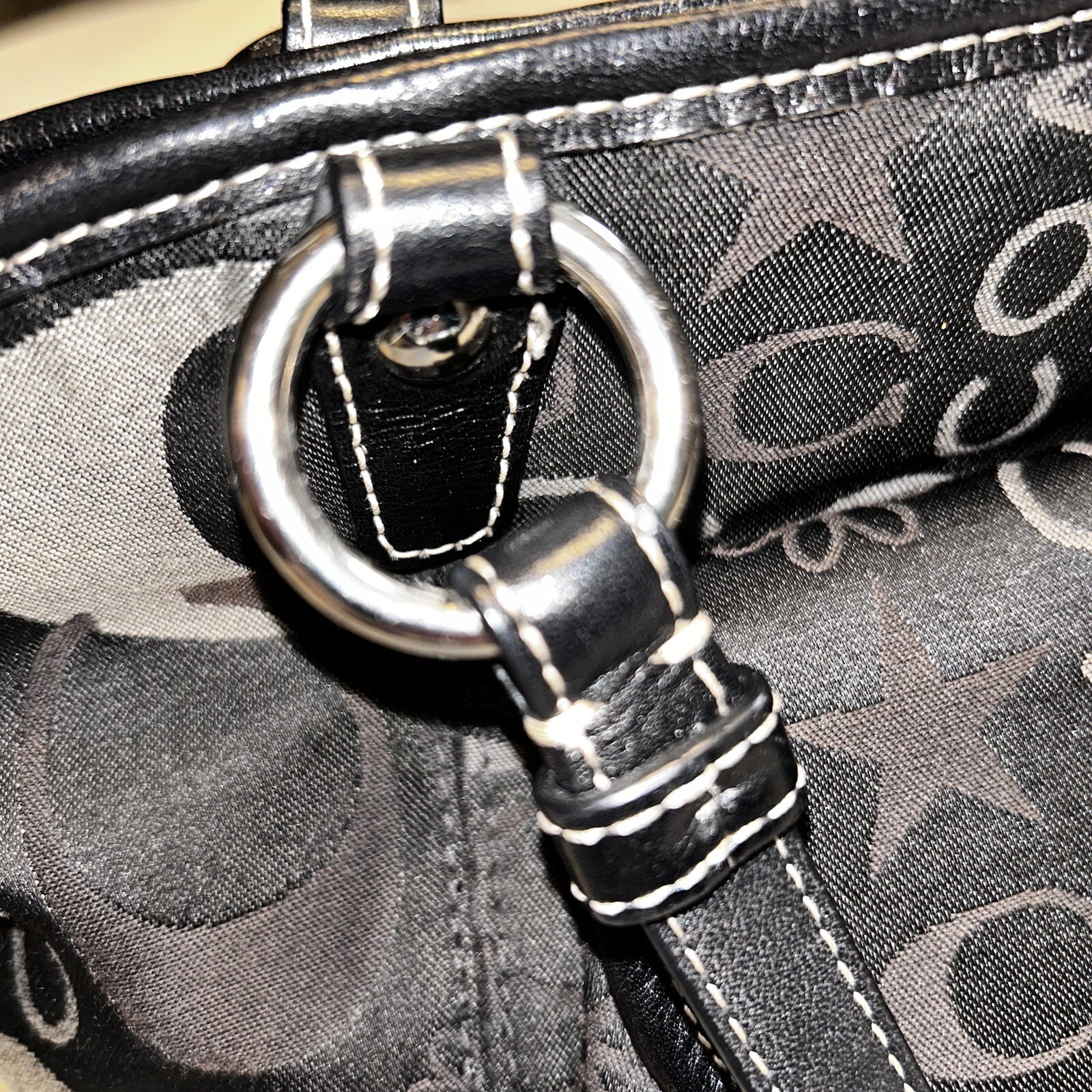 Coach Purse Leah Shoulder Bag Black & Gray stars Sateen #F14654 Silver Hardware