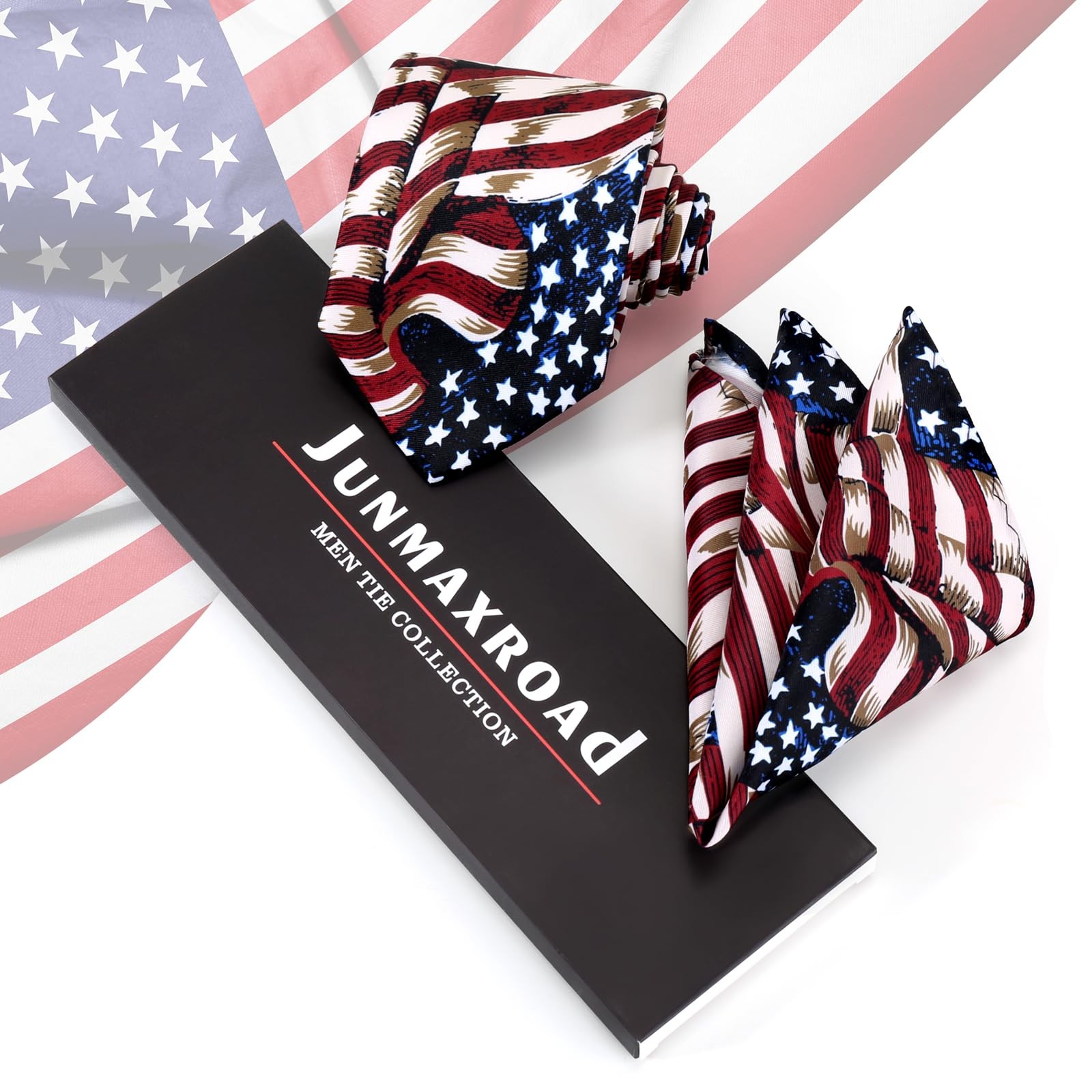 Men’s American Flag Tie Set 3.27″ (8.3CM) USA Flag Neckties and Pocket Honor