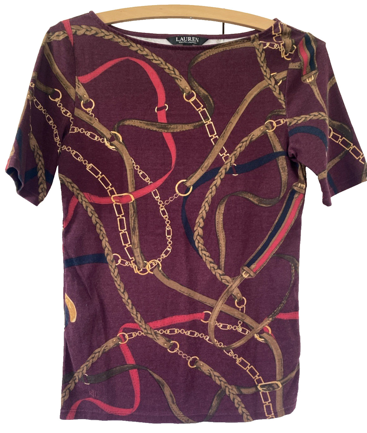 LAUREN RALPH LAUREN Equestrian Bridles Top Burgundy Cotton Stretch Knit Sz S