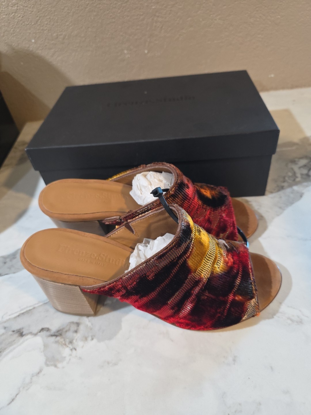 Firenze Studio Velvet Garbo Mules Italy Red Ikat Heels Sandals Boho Chic NIB