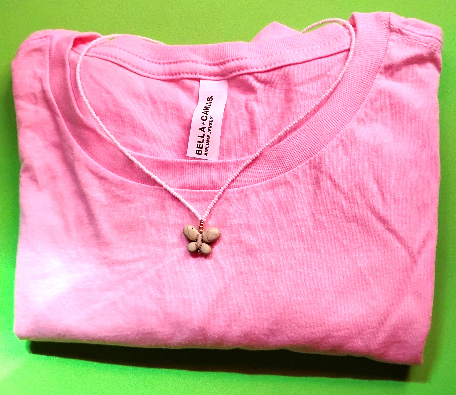 Women’s T-shirt, Pink, 100% Cotton, Size L, & Beaded Necklace