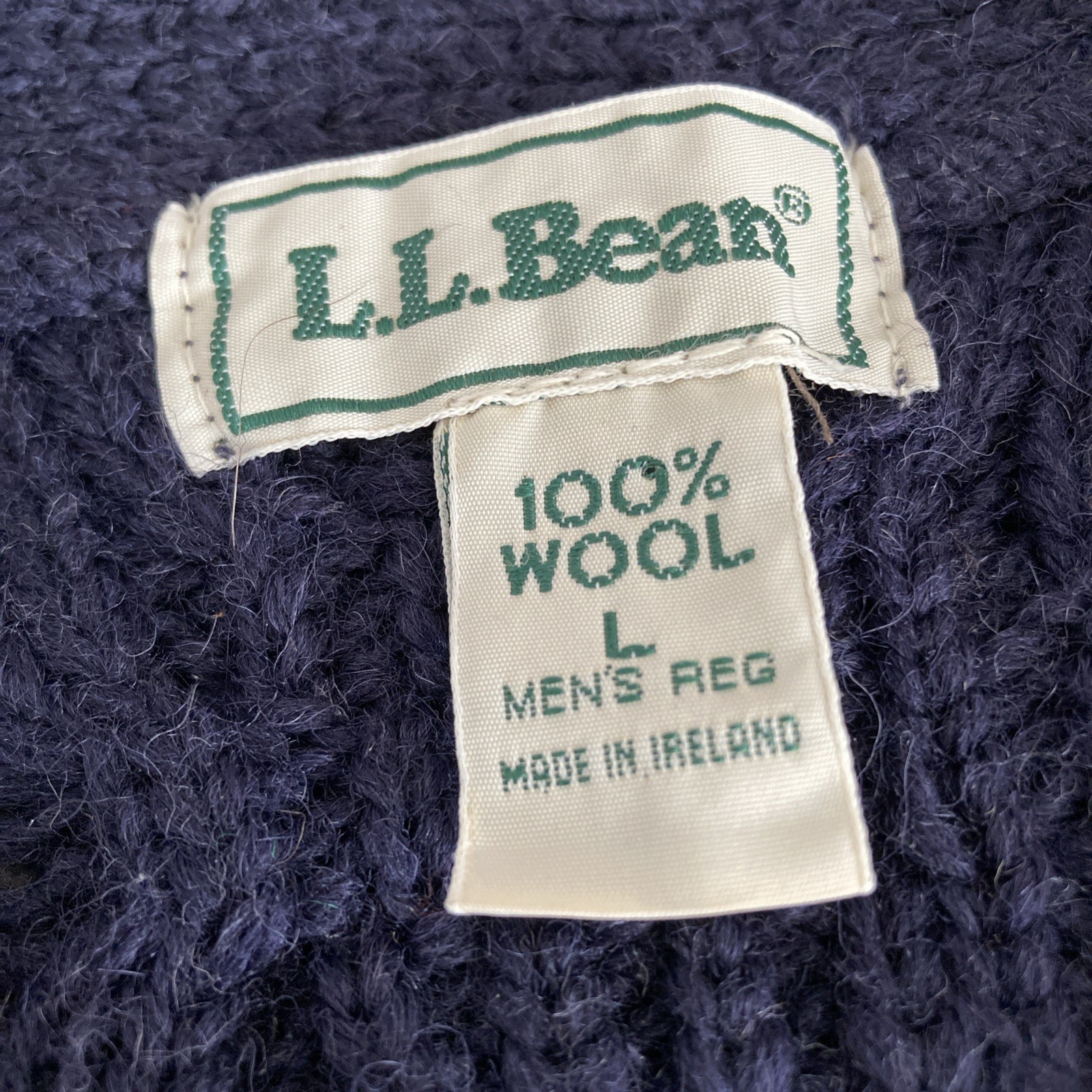 Vintage LL Bean Fisherman Sweater Cardigan Mens L Navy Cable Knit Wool Ireland