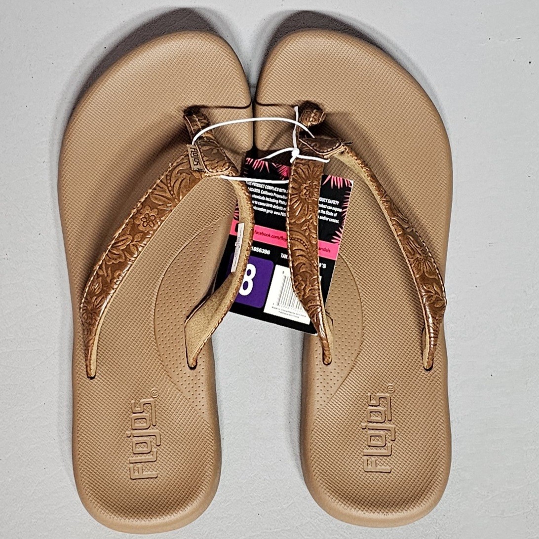 Flojos Rosita Flip Flops Sandals Memory Foam Footbed Tan Artisan Womens 8 new