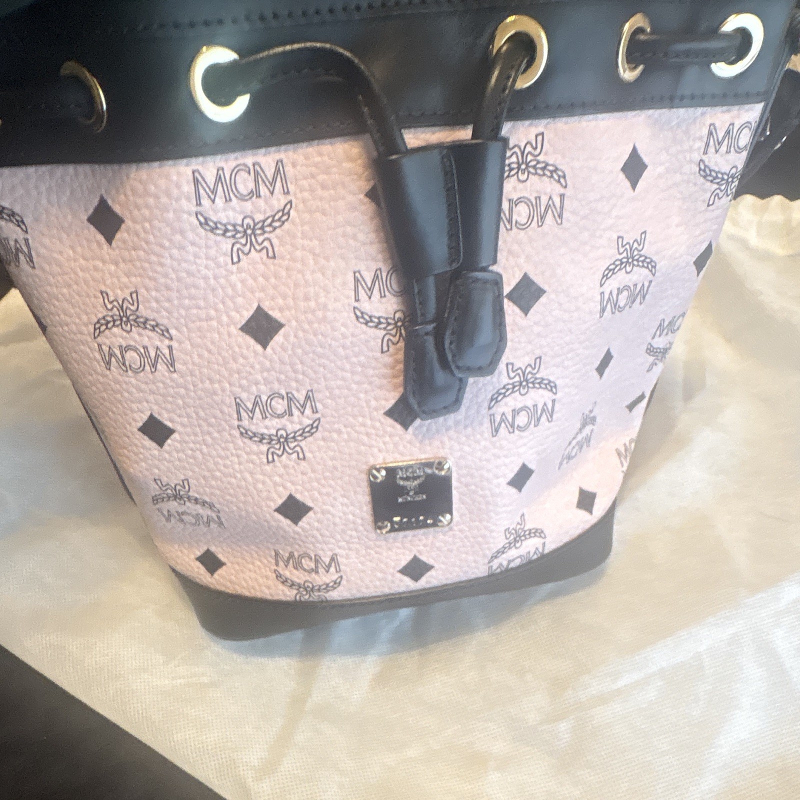 MCM Pink/Black Monogram Bucket Drawstring Bag, Detachable Crossbody, Gold
