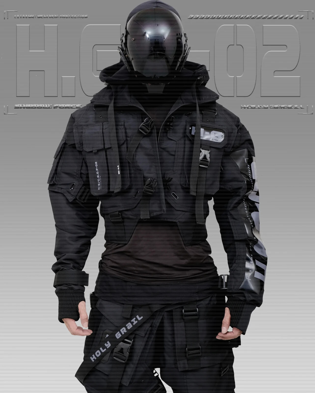 Men’s Techwear Black Jacket Hoodie Full Zip Buckle Holygrail H.G.C-02/BLK