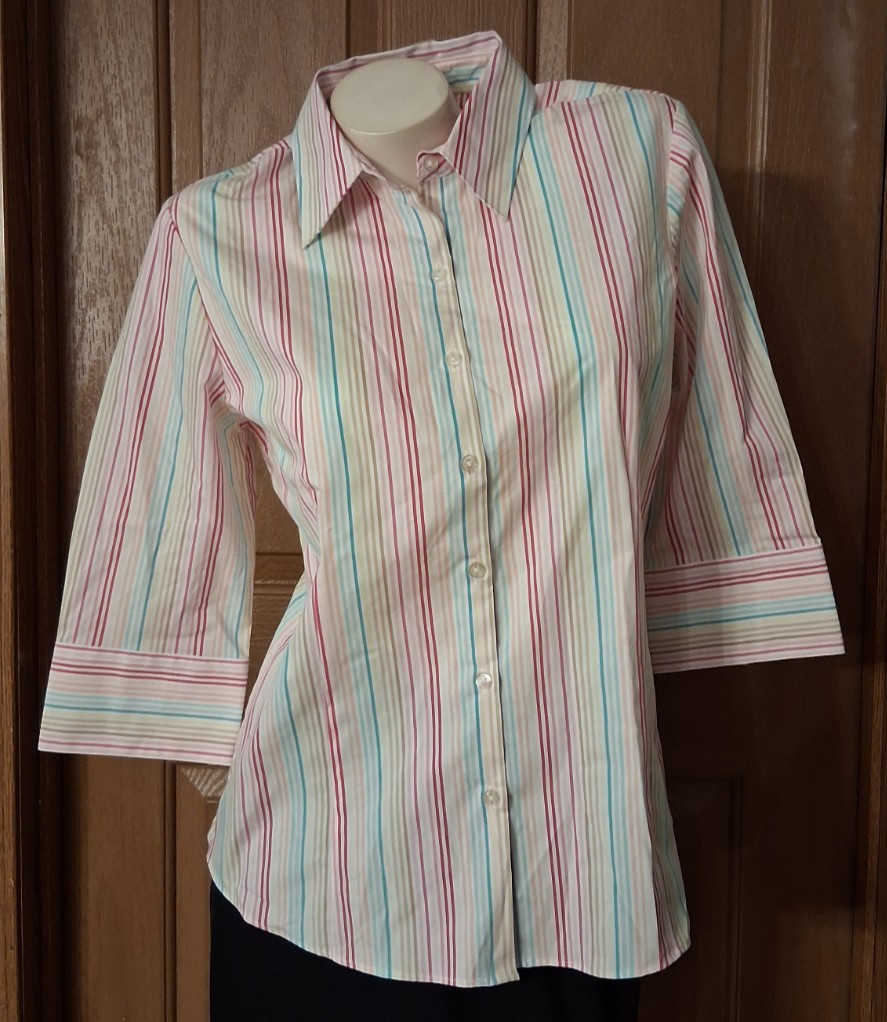 George Stretch Striped Blouse Bracelet Sleeves Button Cuffs Ladies M (8/10) NWT