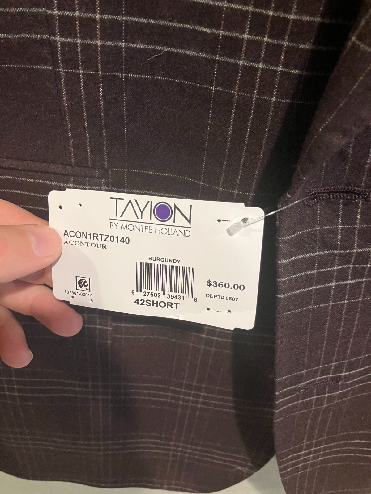 $360 Tayion Collection Men’s 42S Classic-Fit Plaid Suit Jacket Burgundy BNWT