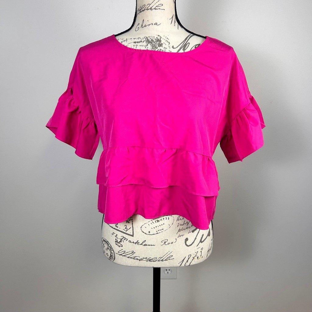 Shein Womens Hot Pink Ruffle Blouse Medium Short Sleeve Tiered Peplum Crop Top
