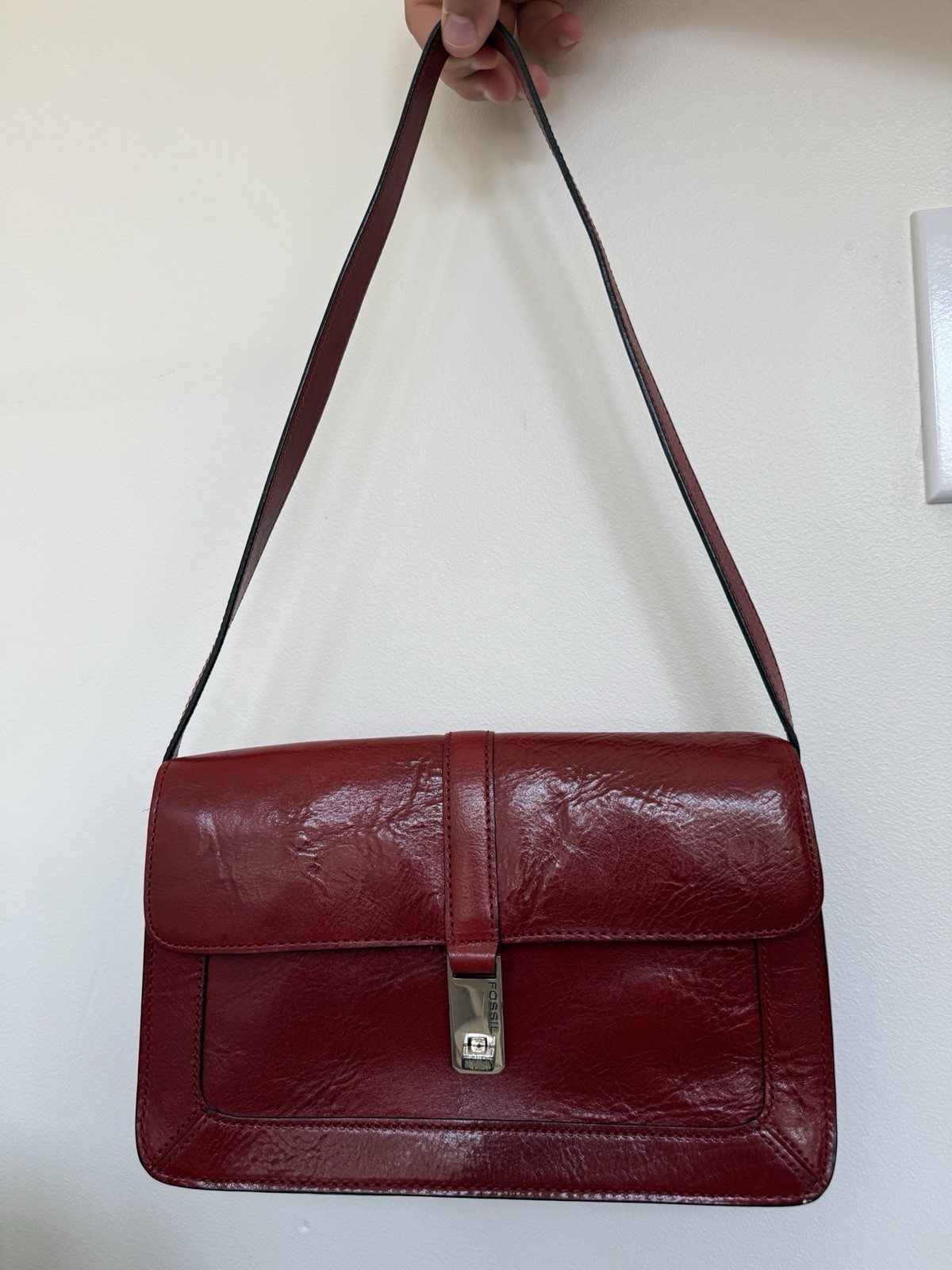 FOSSIL Red Leather Shoulder Purse Handbag 9×6 Inches