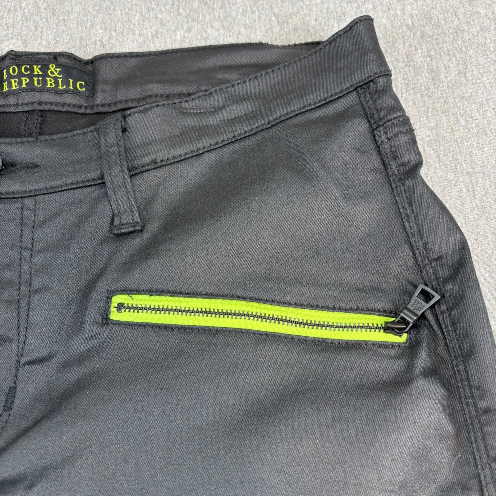 Rock & Republic Jeans Womens 14 Banshee Black Neon Green Skinny Grunge Punk