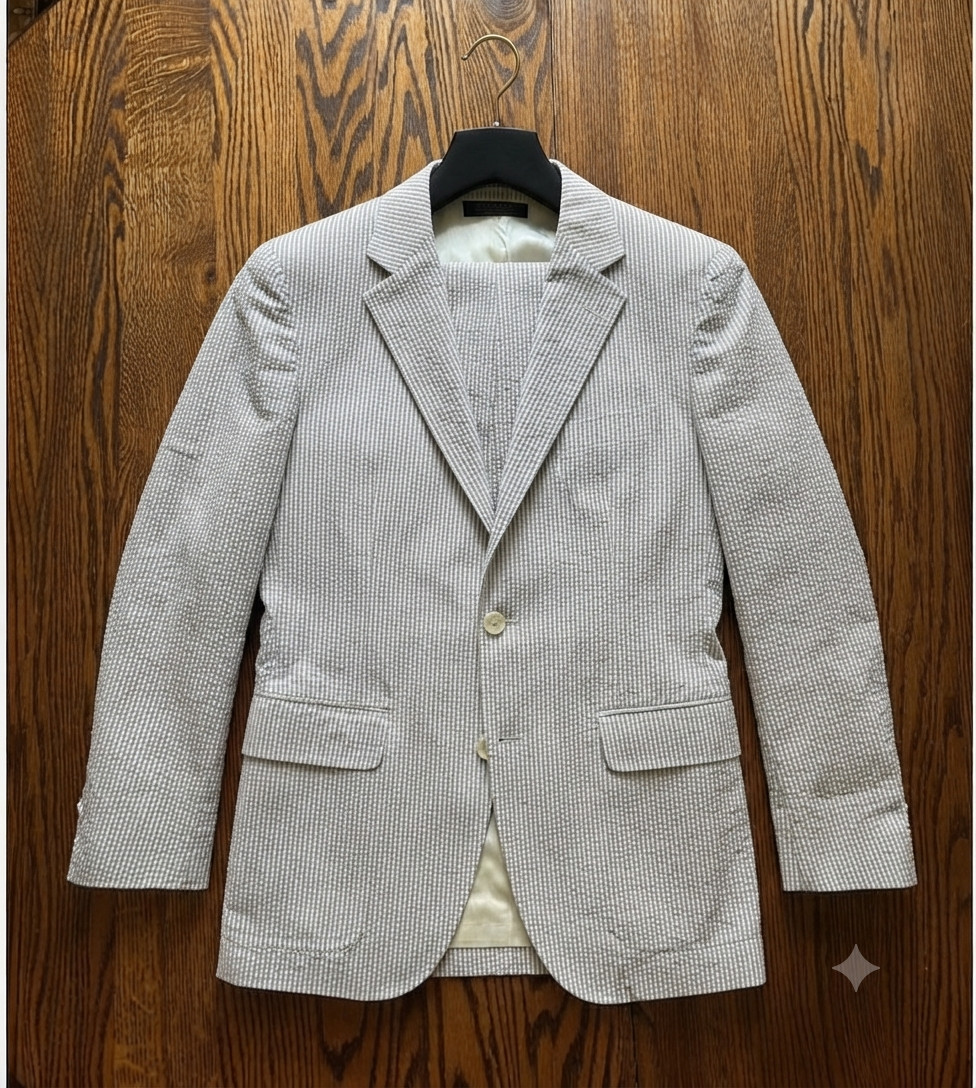 Brooks Brothers Seersucker Suit 42R 36×29 Gray White Stripe Cotton Pleated Cuff