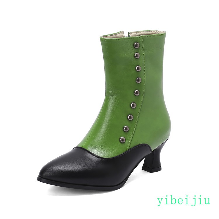 Womens Low Kitten Heel Patchwork Ankle Boots Buttons Leather Shoes Two Tone 2026