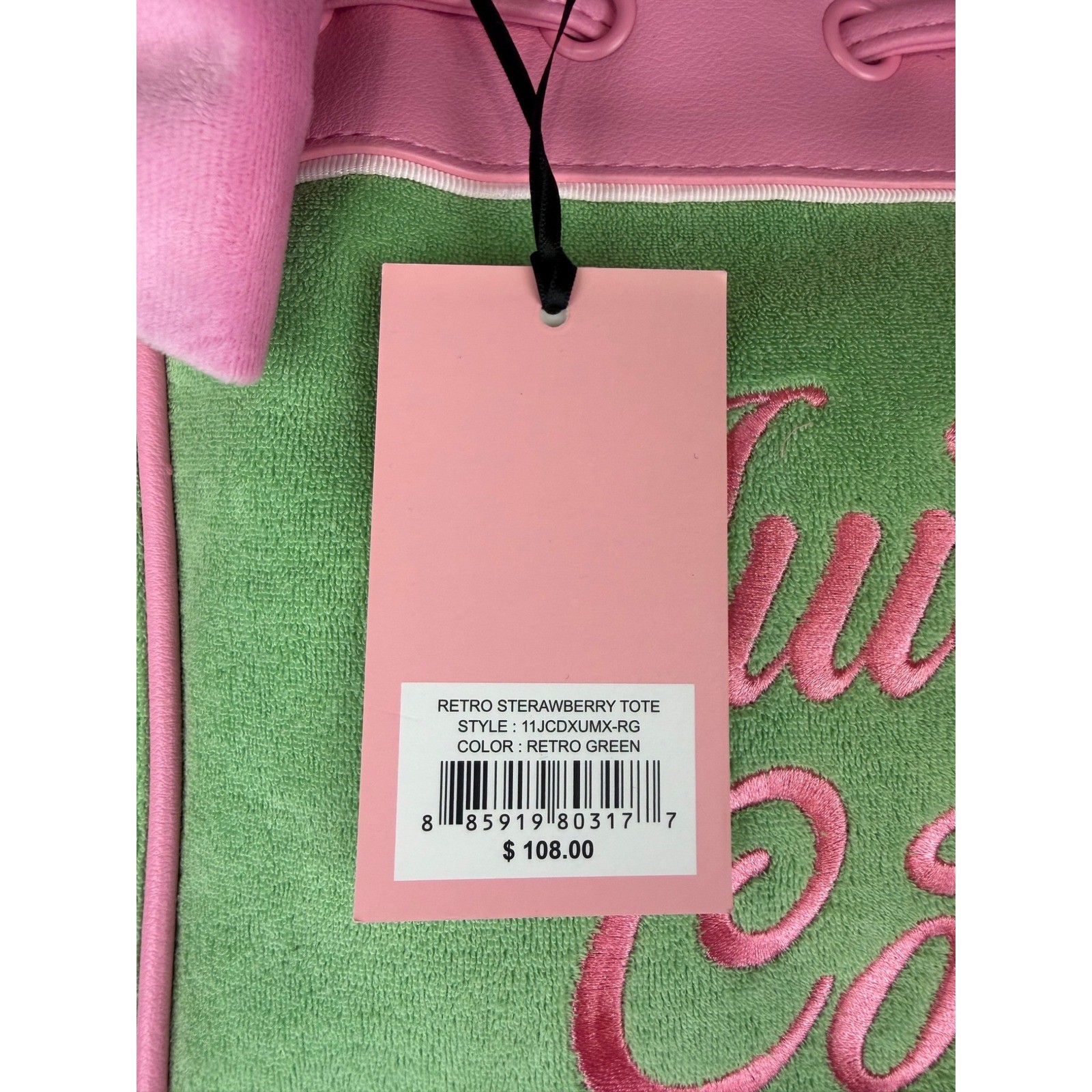 Juicy Couture Retro Strawberry Tote Bag Pink Green Velour Y2K 11JCDXUMX-RG NEW