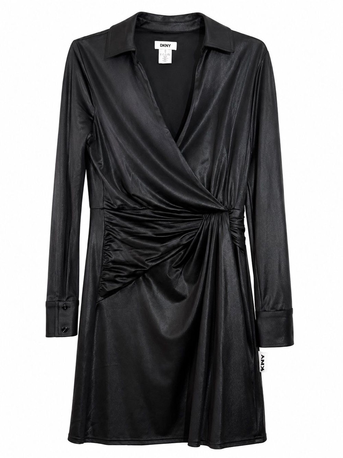 NWT DKNY Black Draped-Front V-Neck Collared Long Sleeve Shift Dress 8
