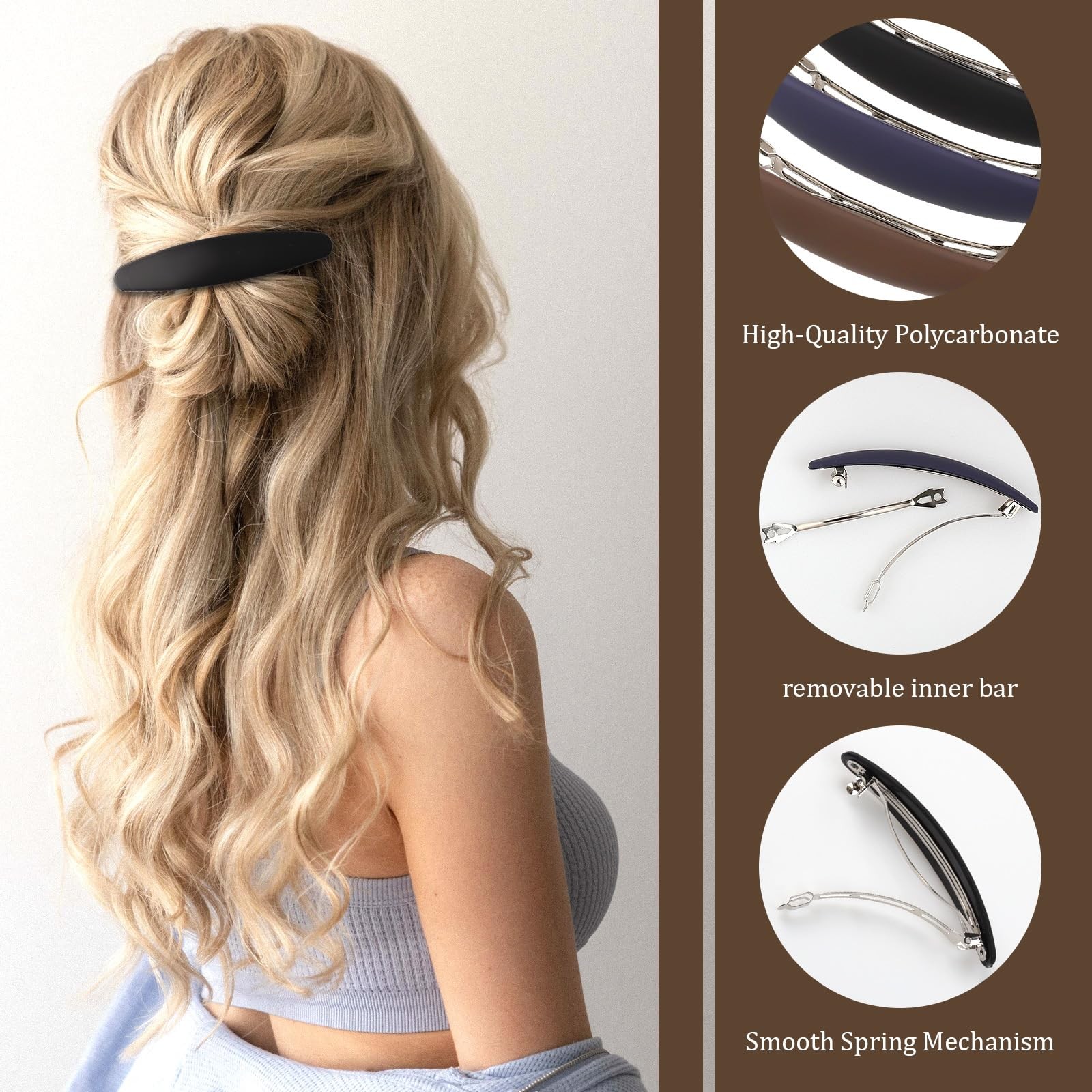 3PCS Large Hair Barrette Matte 4 Inch No Slip 1 Count (Pack of 3), Multicolor