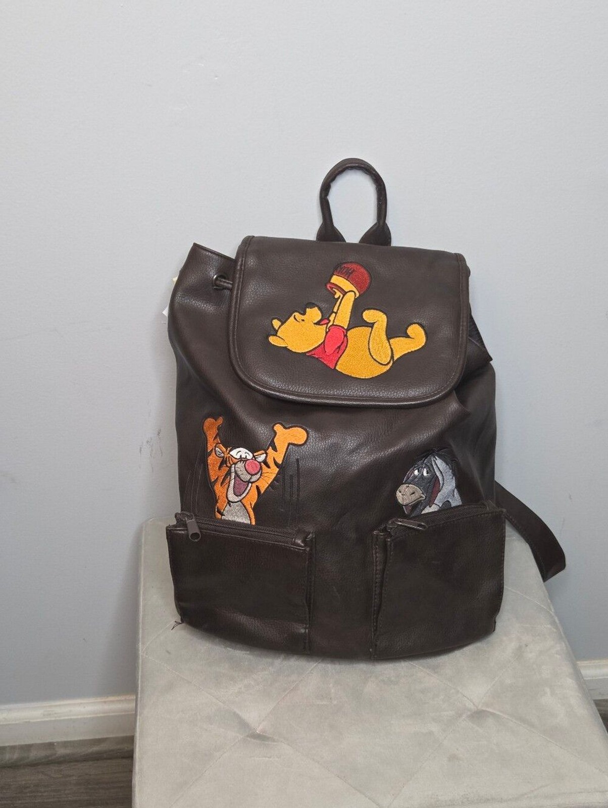 Vintage Disney Brown Winnie the Pooh, Tigger & Eeyore Leather Backpack
