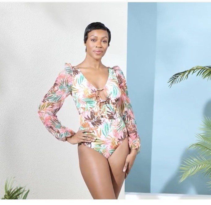 Kim Gravel x Swimsuits For All Size 22W Chiffon Sleeve One-Piece Daquiri Palm
