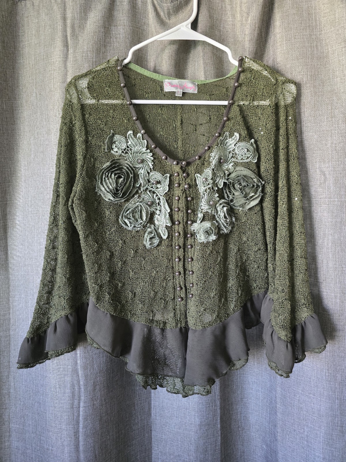 Pretty Angel Y2k Green Net Cardigan Sz L Flower Ruffles Fairy Whimsical