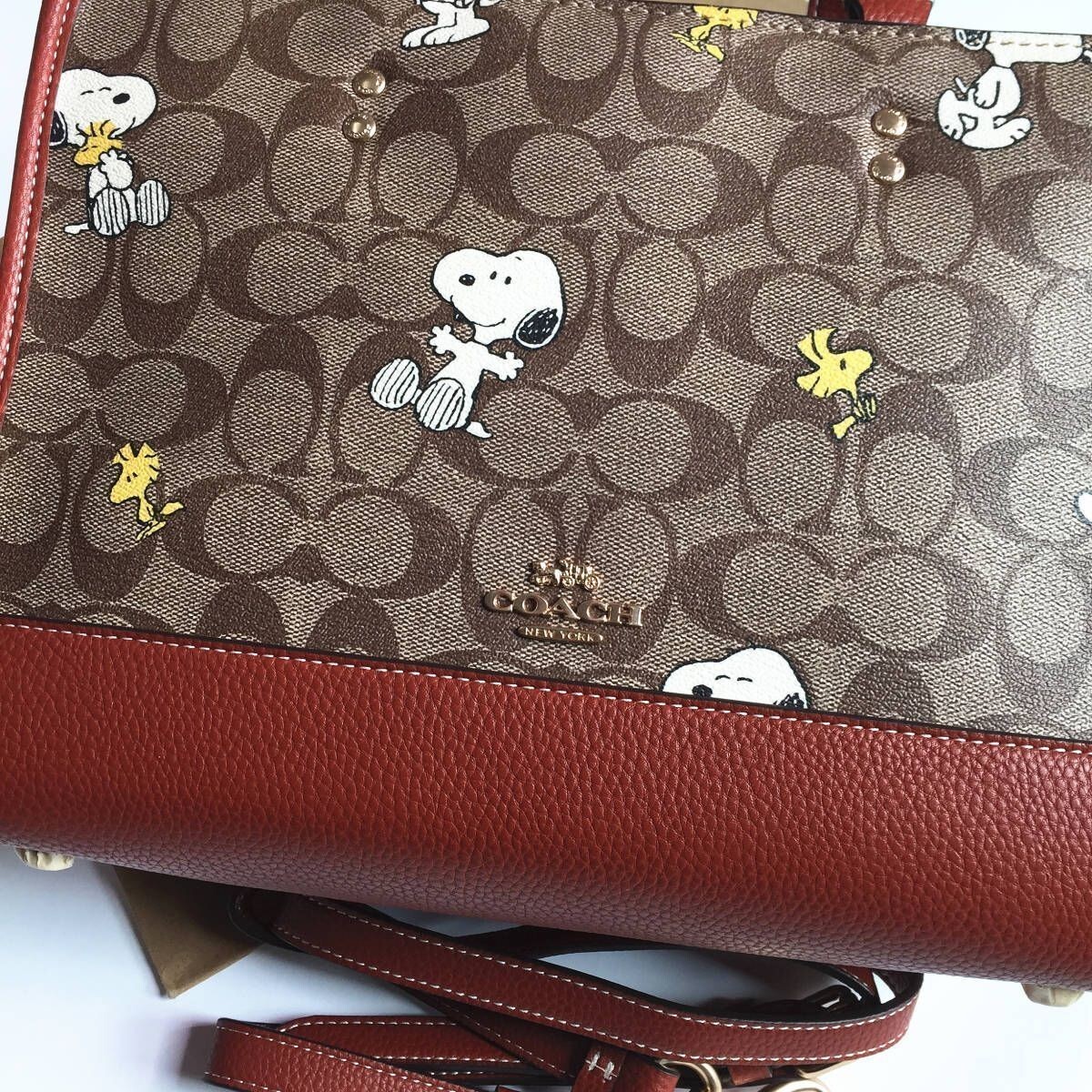 Coach CE862 Snoopy Tote Bag Dempsey Carryall Signature Canvas Smooth Leather