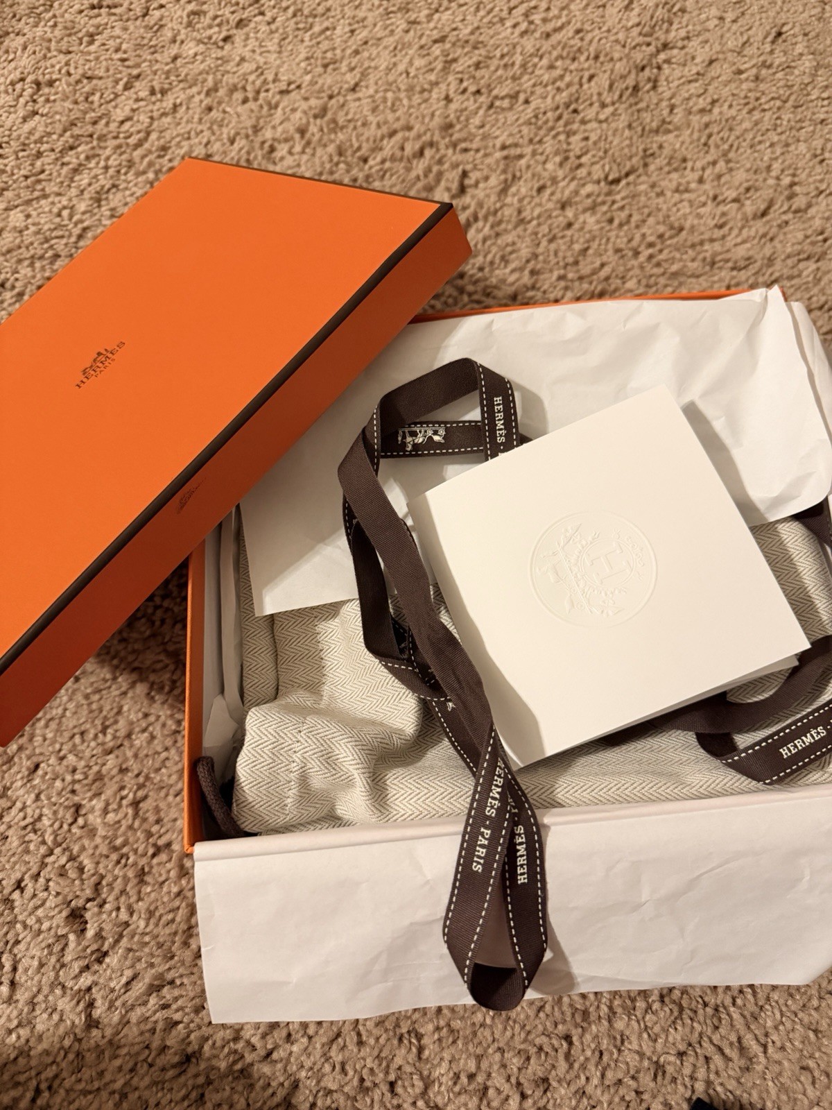 Hermès Evelyne TPM Mini Taupe Crossbody Bag Navy Strap Dust Bag Box
