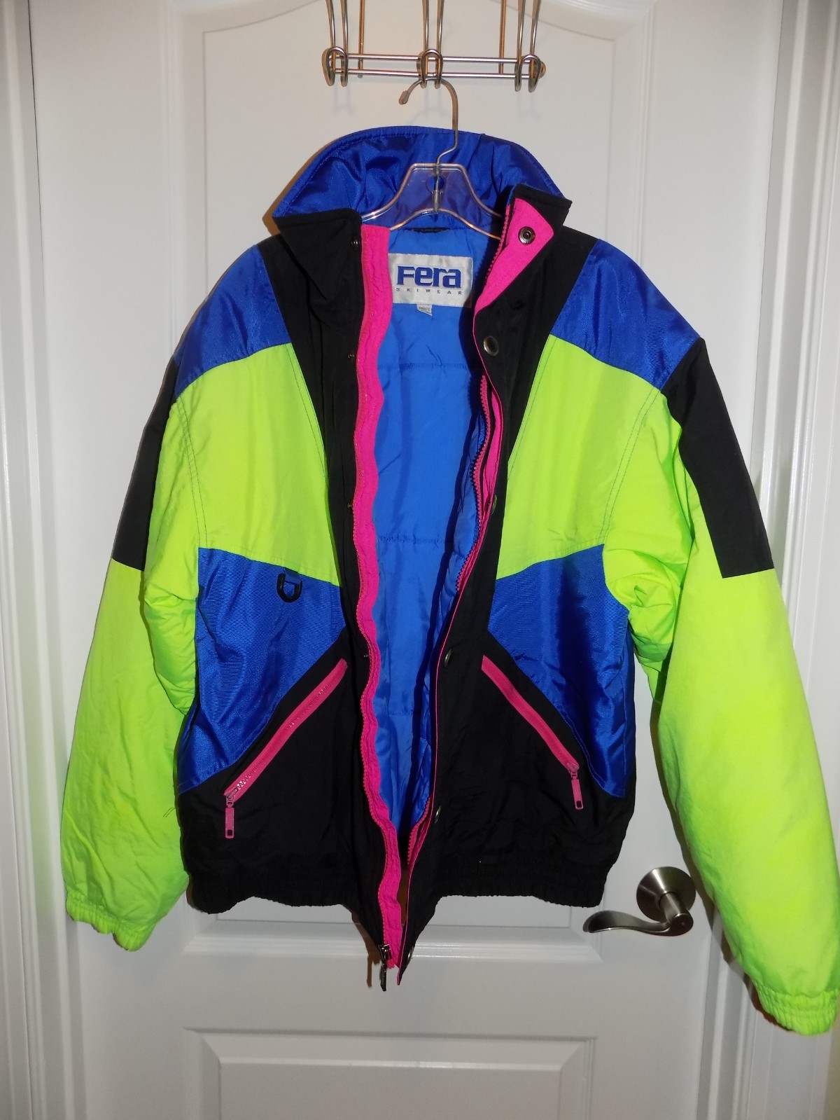 Vintage FERA Skiwear Snowboard Jacket Mens M/L 42 Black Neon Green Blue 80s 90s
